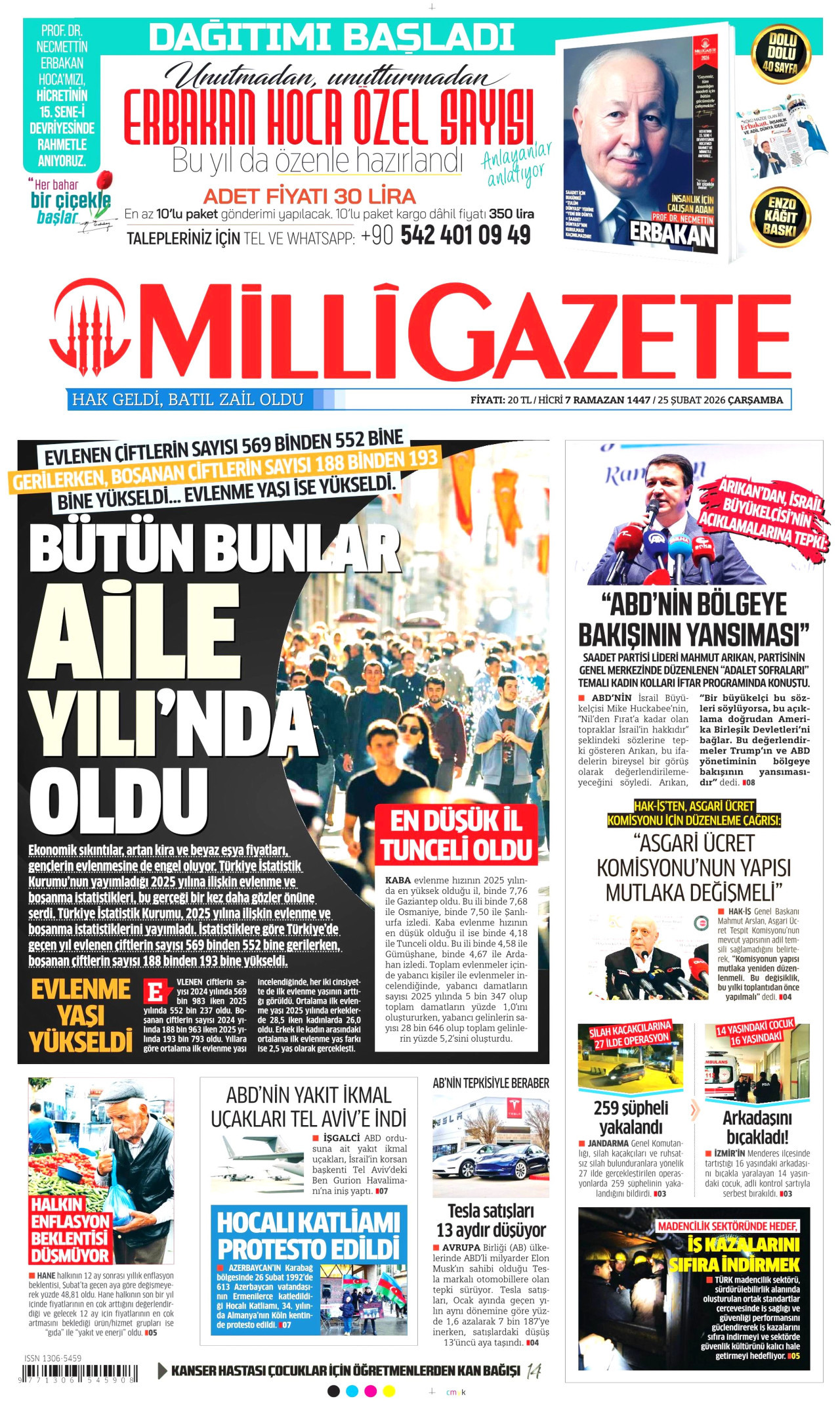 MİLLİ GAZETE gazetesinin 25 Şubat 2026 tarihli birinci sayfası