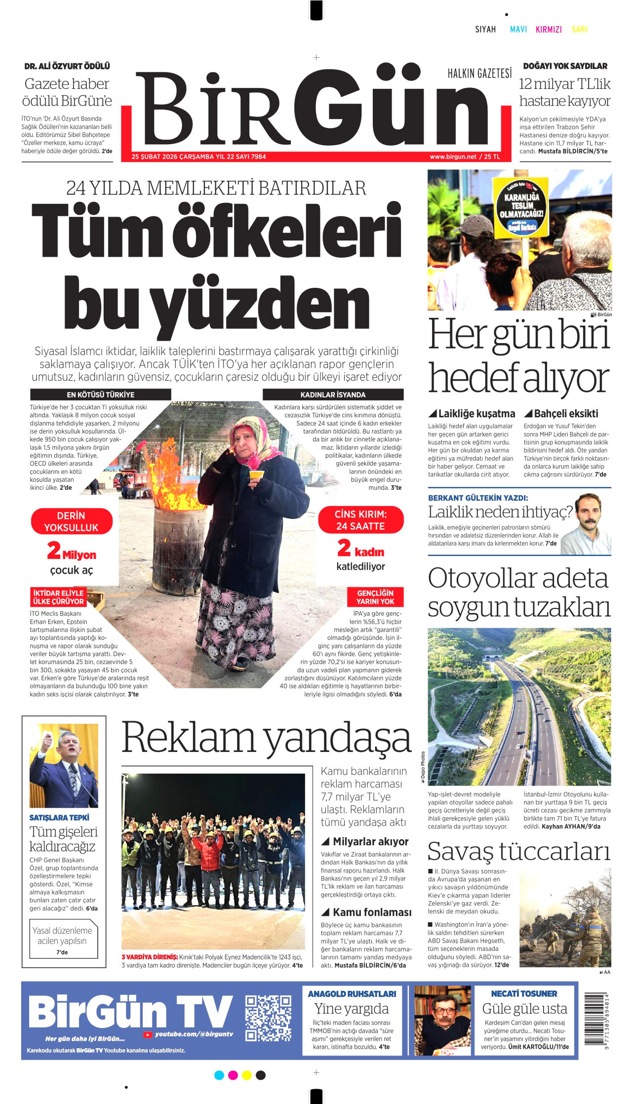 BİRGÜN gazetesinin 25 Şubat 2026 tarihli birinci sayfası
