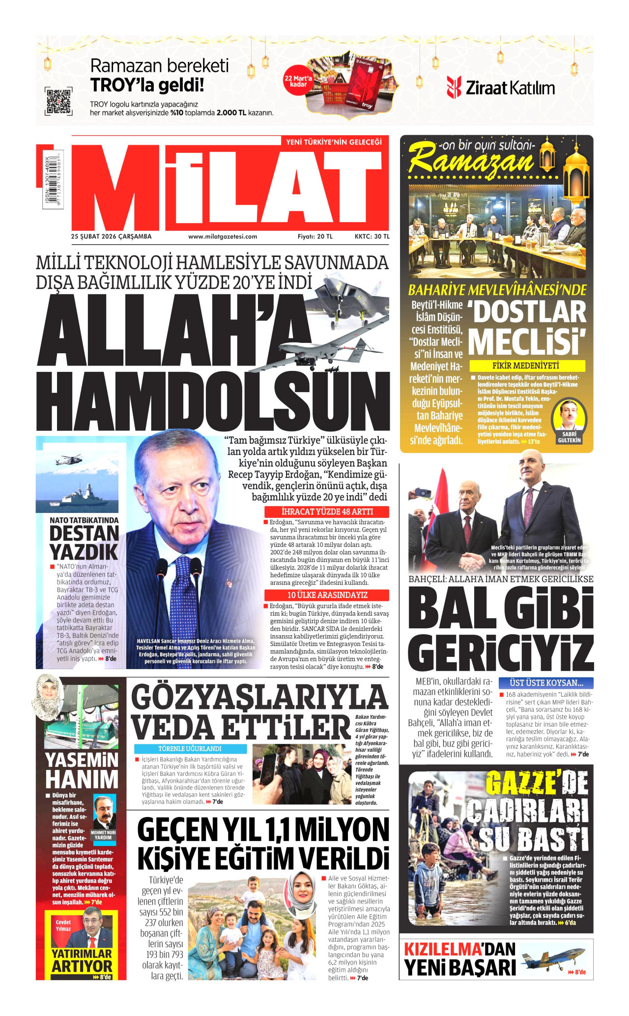 MİLAT gazetesinin 25 Şubat 2026 tarihli birinci sayfası