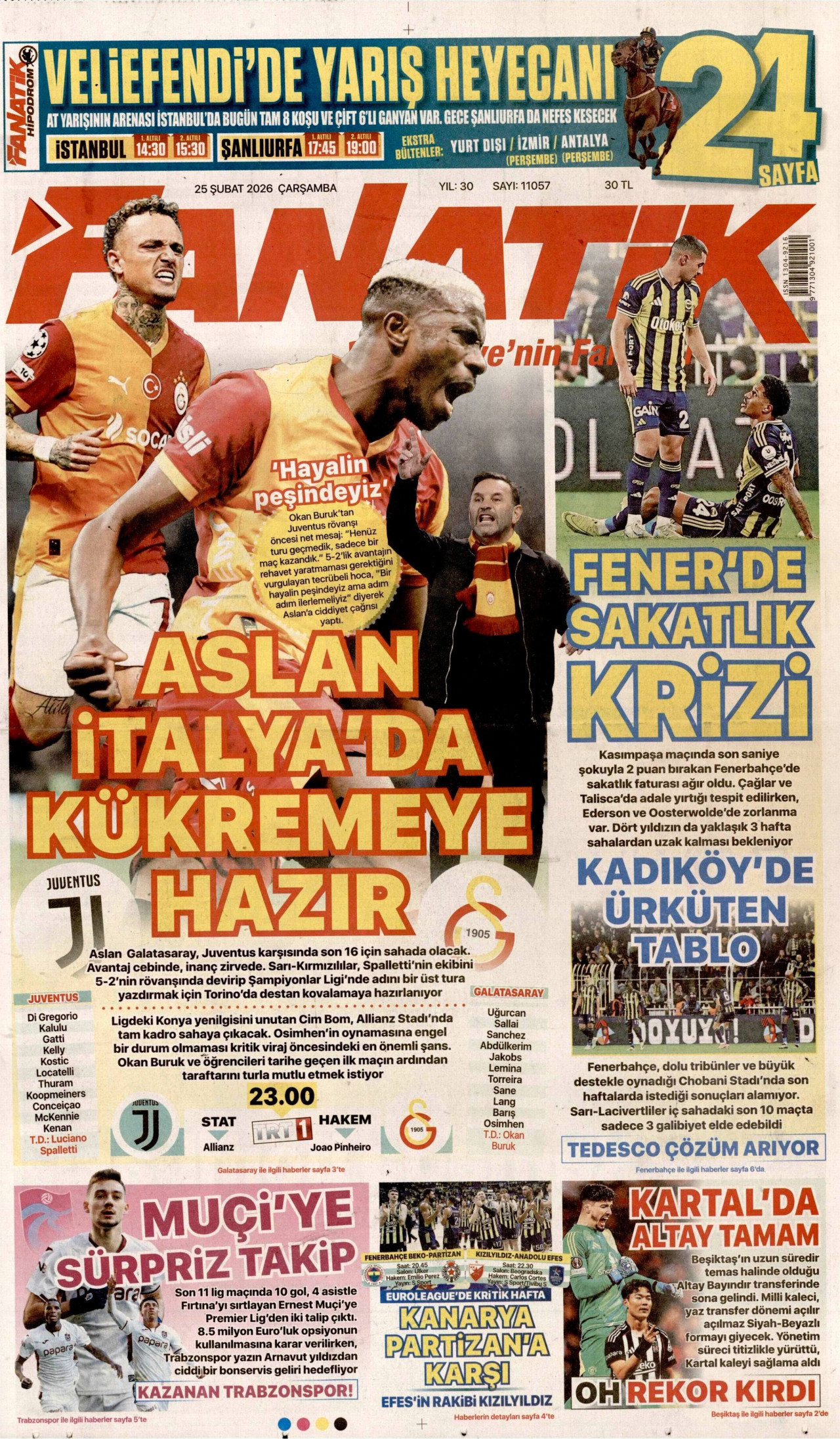 FANATİK gazetesinin 25 Şubat 2026 tarihli birinci sayfası