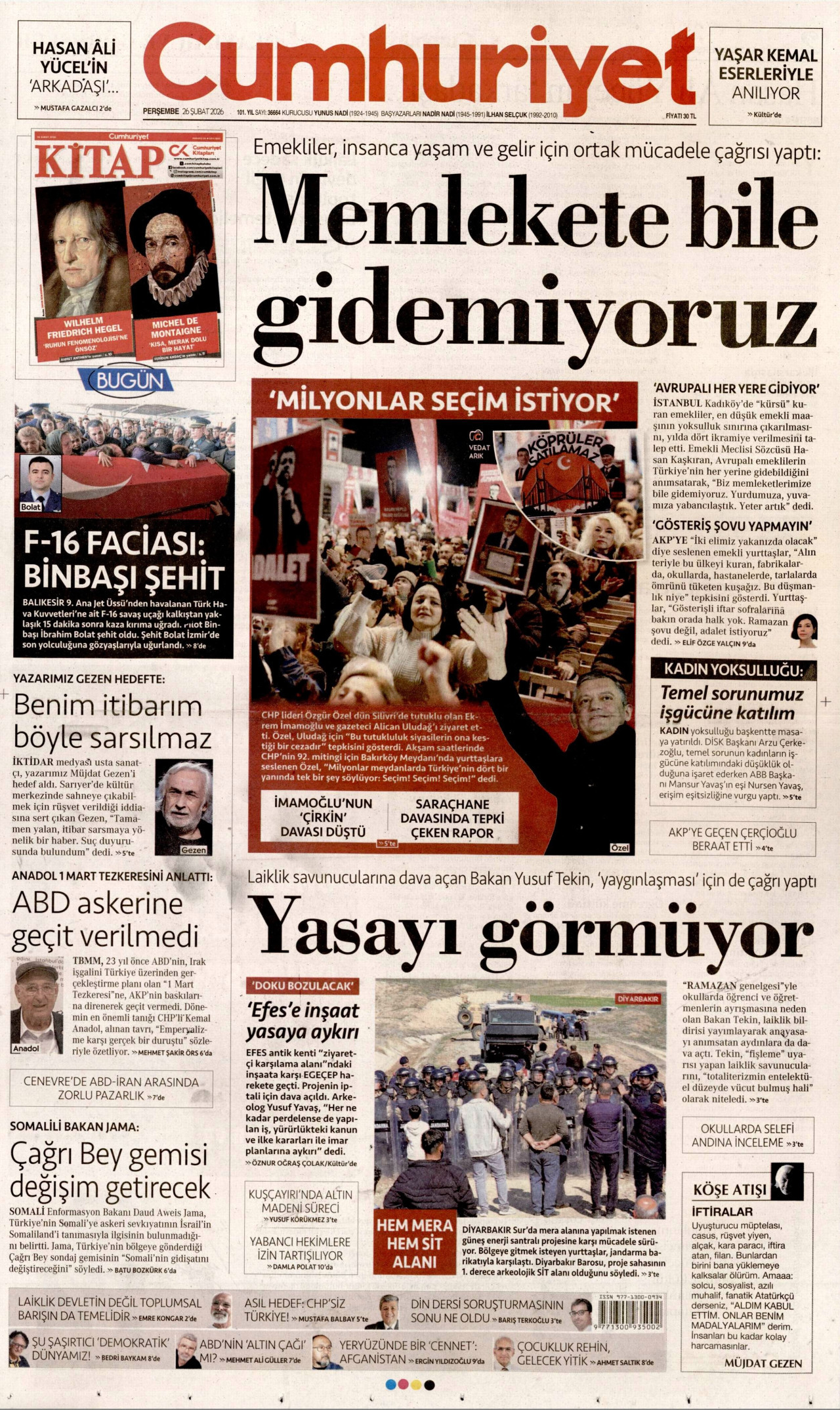 CUMHURİYET gazetesinin 26 Şubat 2026 tarihli birinci sayfası