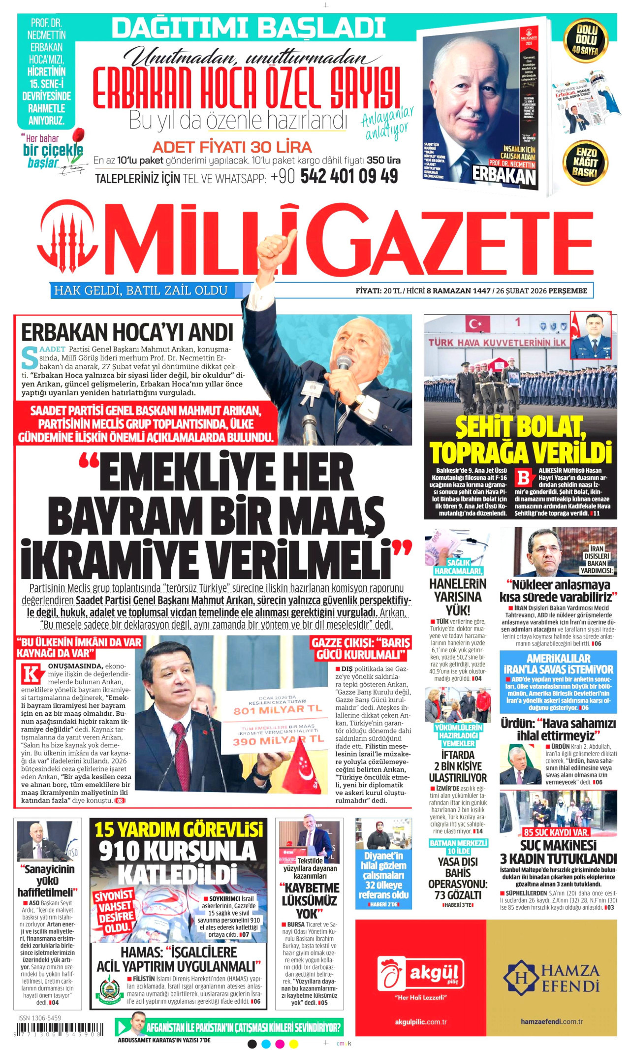 MİLLİ GAZETE gazetesinin 26 Şubat 2026 tarihli birinci sayfası