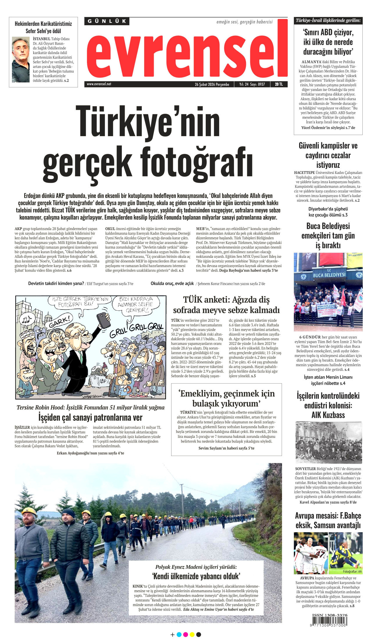 EVRENSEL gazetesinin 26 Şubat 2026 tarihli birinci sayfası