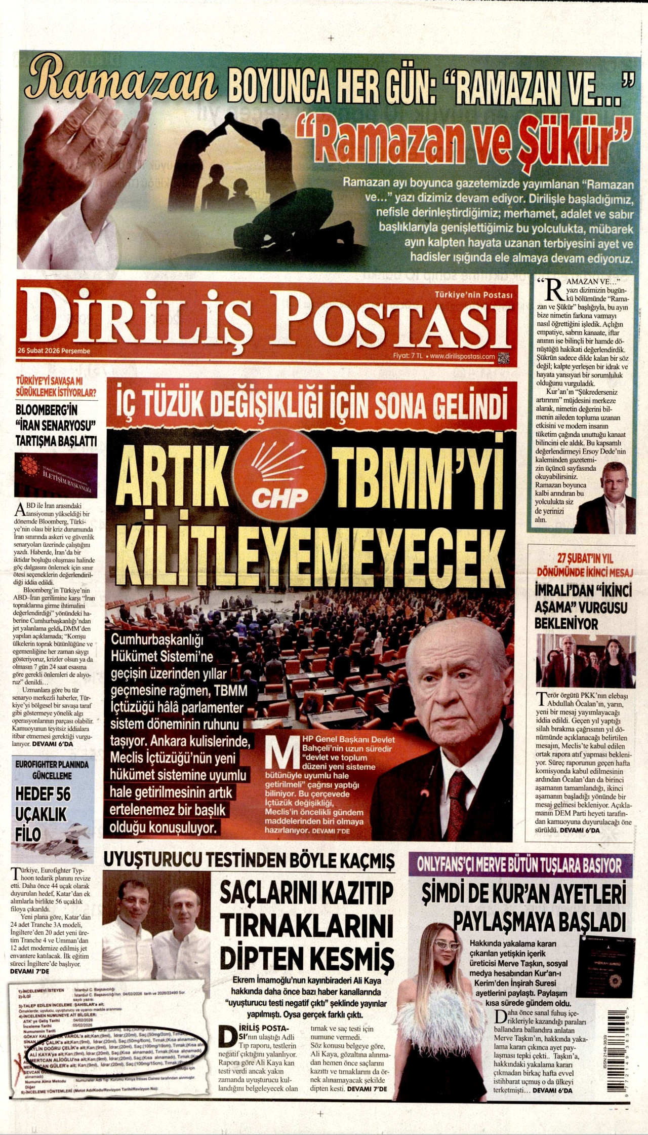 DİRİLİŞ POSTASI gazetesinin 26 Şubat 2026 tarihli birinci sayfası