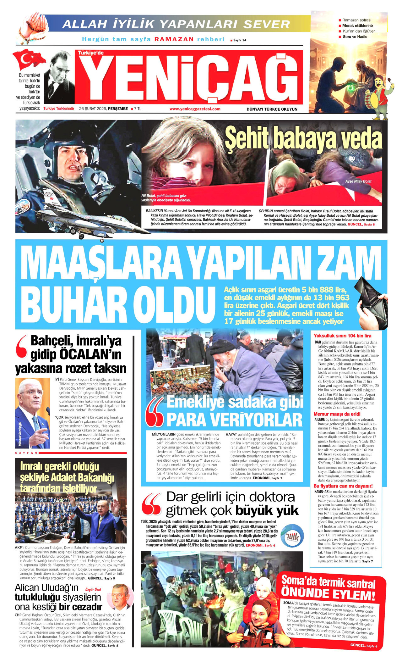 YENİÇAĞ gazetesinin 26 Şubat 2026 tarihli birinci sayfası