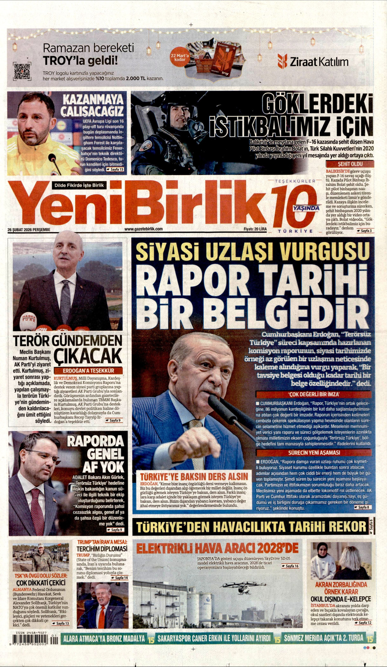 YENİBİRLİK gazetesinin 26 Şubat 2026 tarihli birinci sayfası