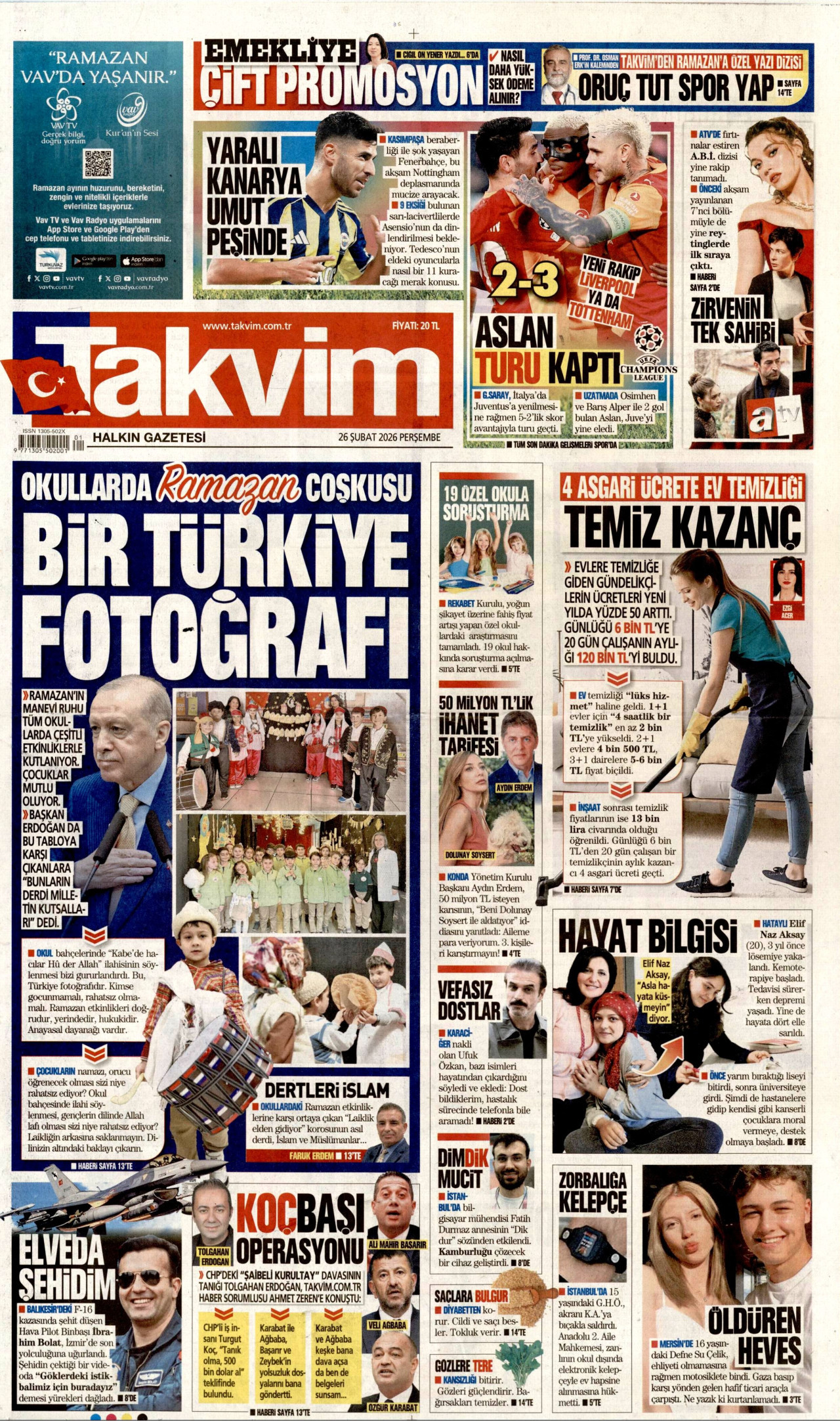 TAKVİM gazetesinin 26 Şubat 2026 tarihli birinci sayfası