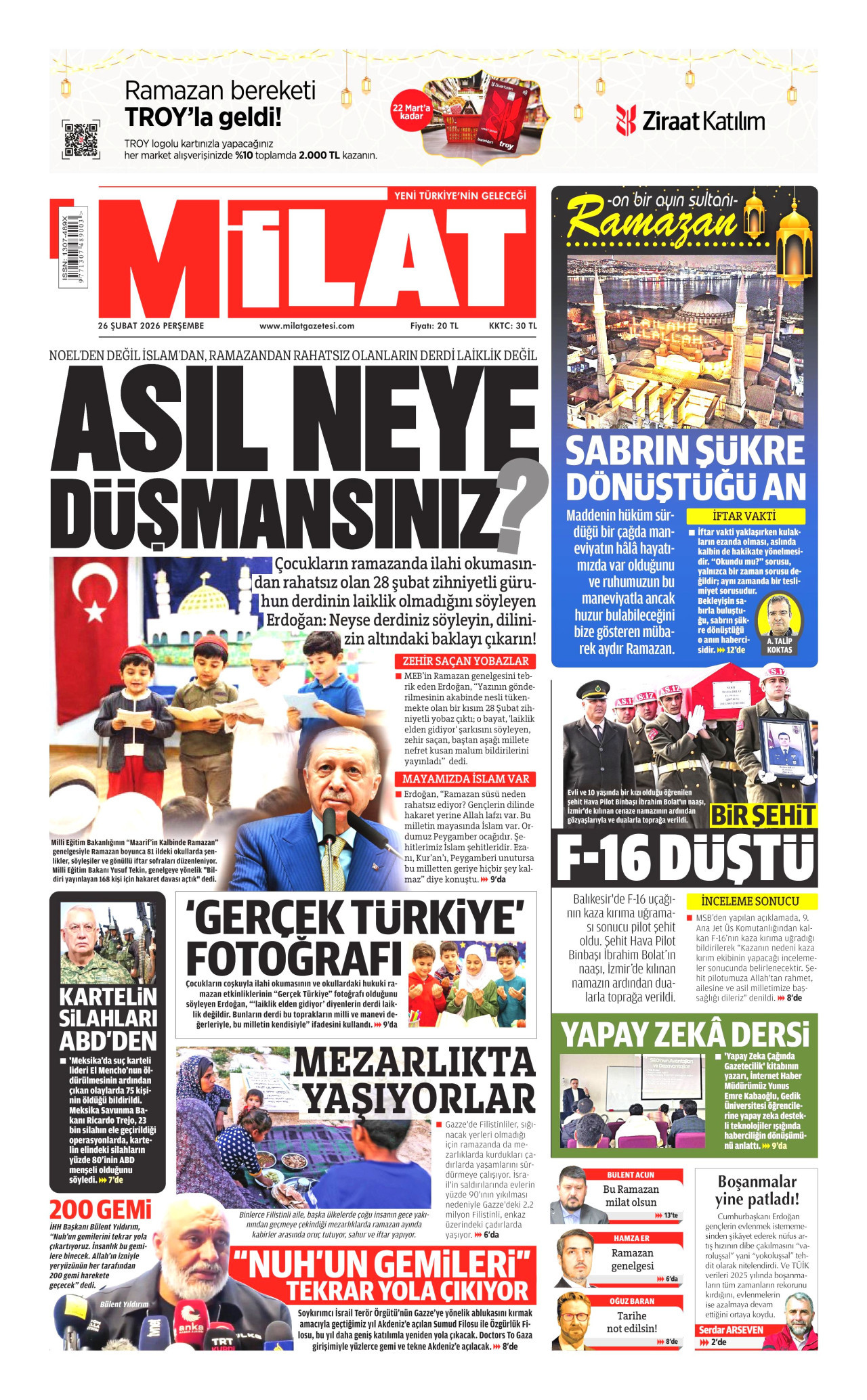 MİLAT gazetesinin 26 Şubat 2026 tarihli birinci sayfası