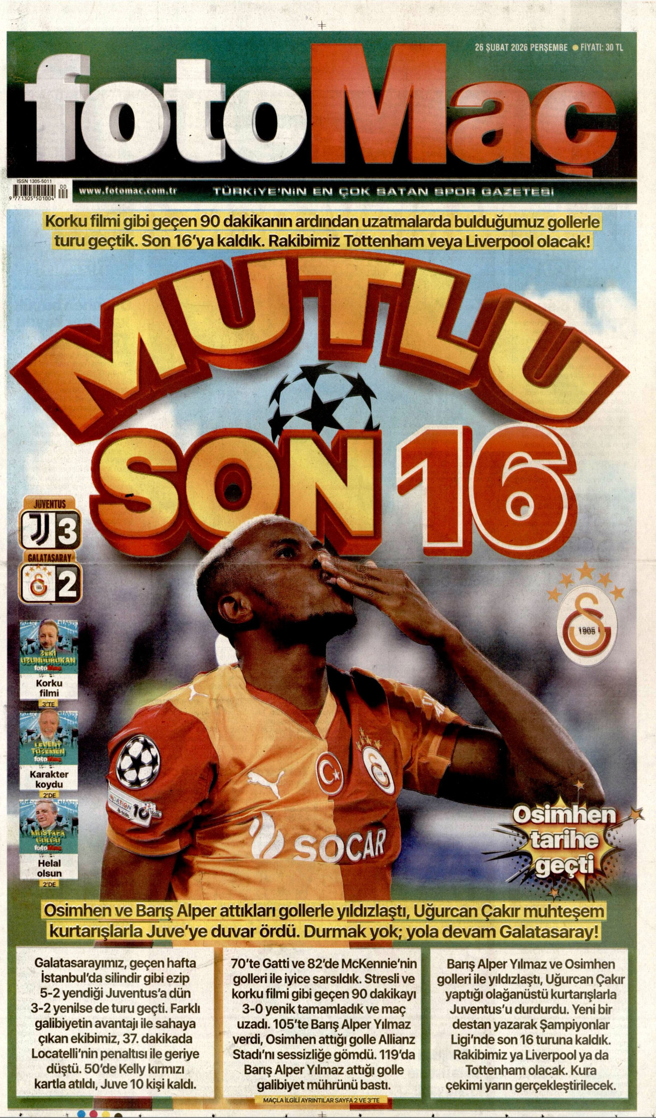 FOTOMAÇ gazetesinin 26 Şubat 2026 tarihli birinci sayfası