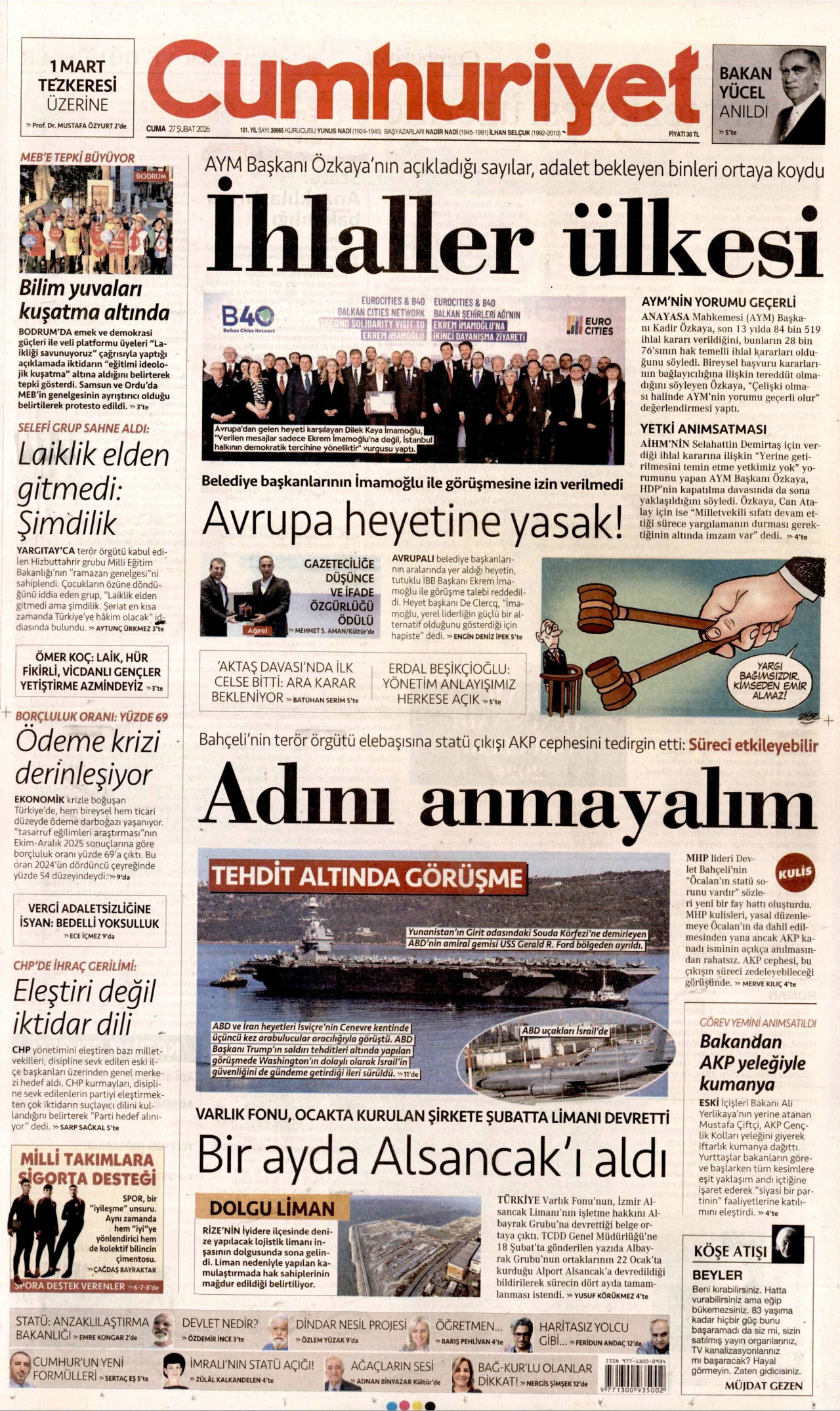 CUMHURİYET gazetesinin 27 Şubat 2026 tarihli birinci sayfası
