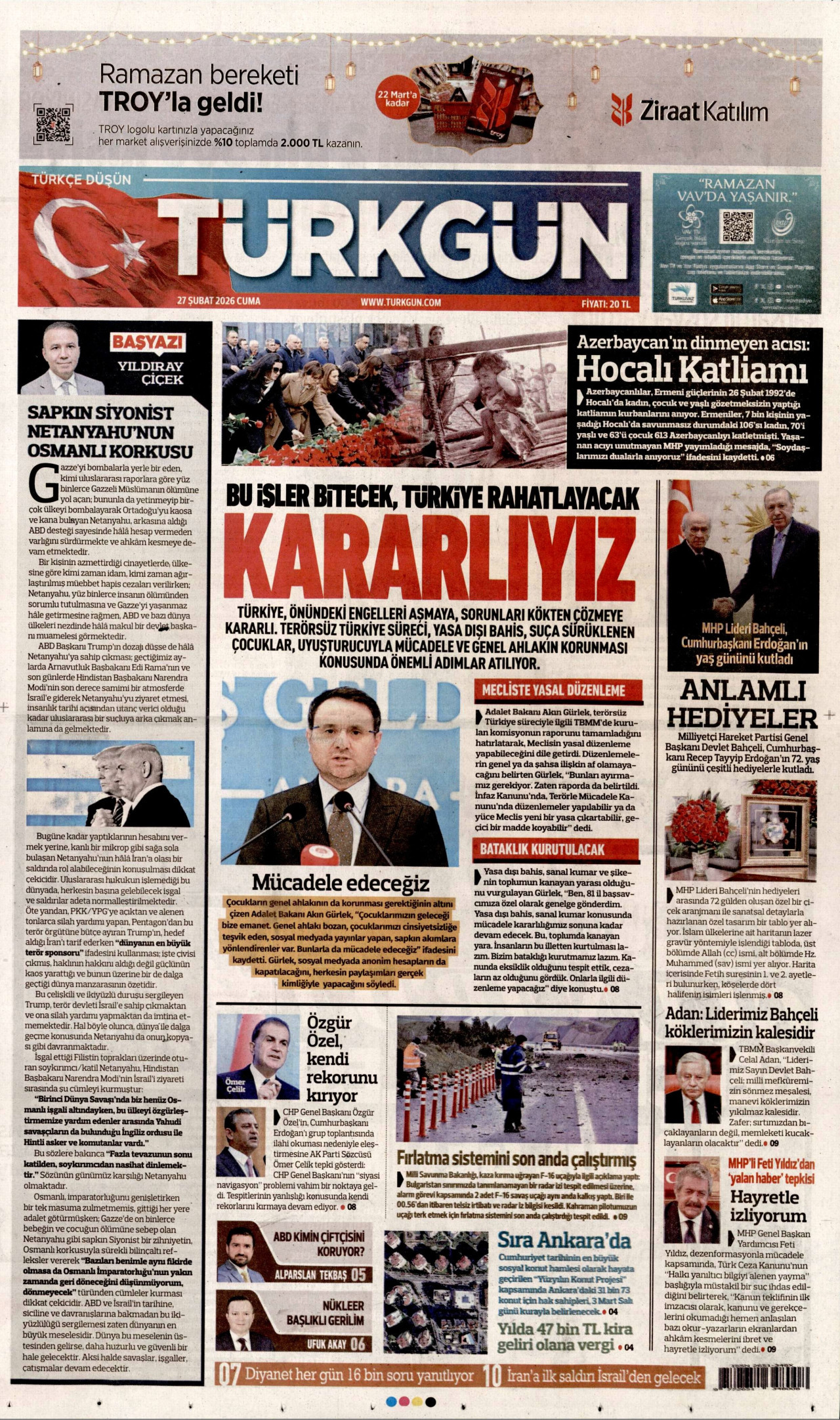 TÜRKGÜN gazetesinin 27 Şubat 2026 tarihli birinci sayfası