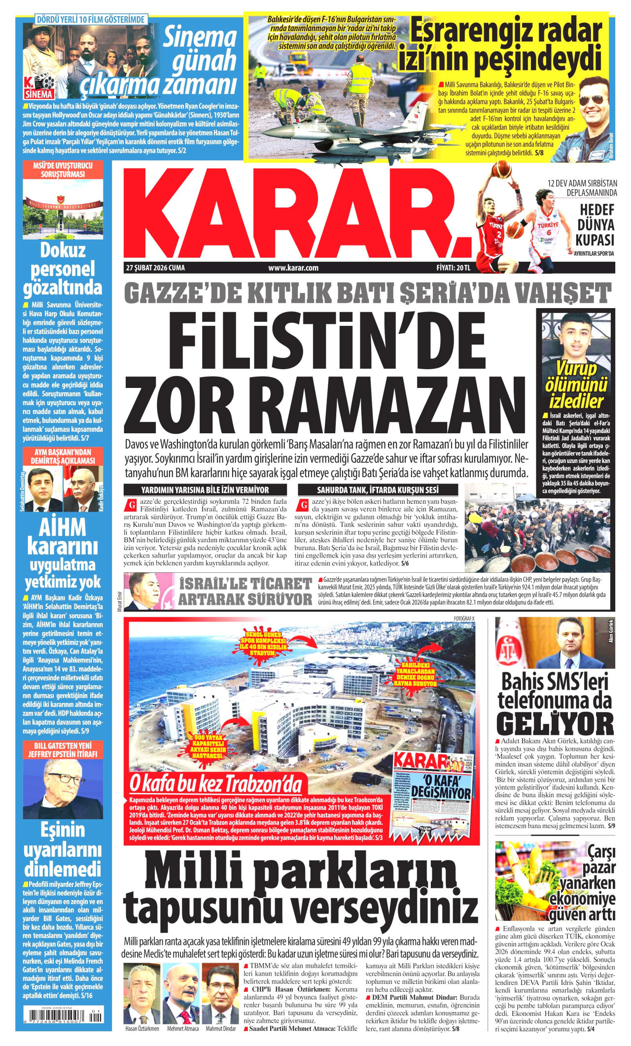 KARAR gazetesinin 27 Şubat 2026 tarihli birinci sayfası