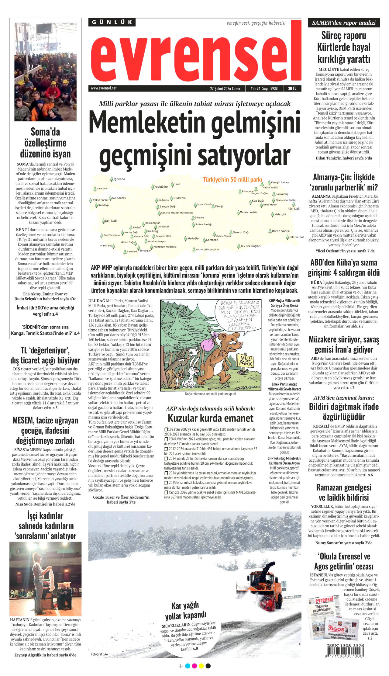 EVRENSEL gazetesinin 27 Şubat 2026 tarihli birinci sayfası