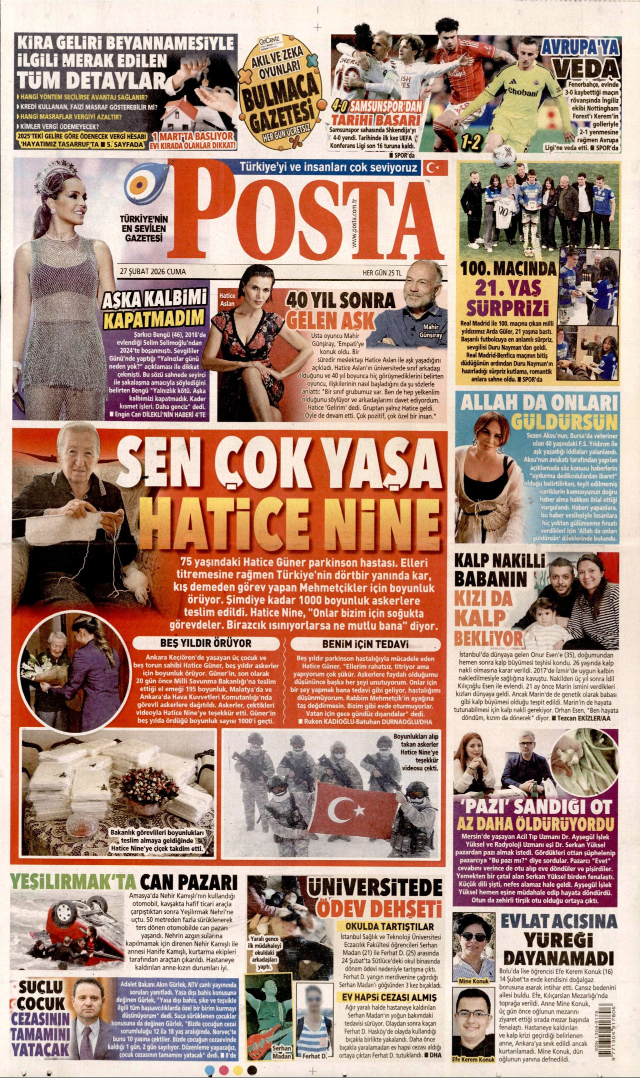 POSTA gazetesinin 27 Şubat 2026 tarihli birinci sayfası