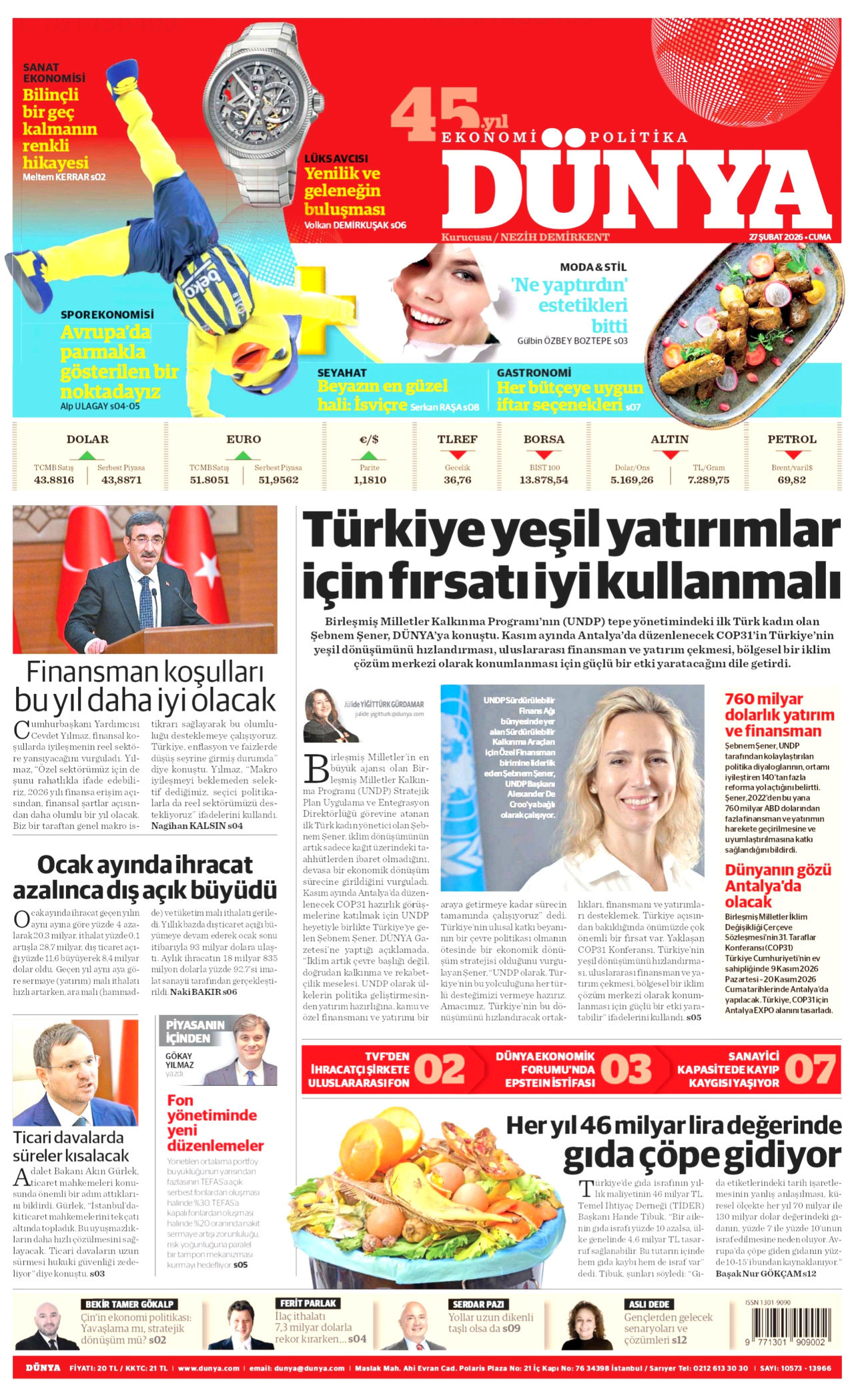 DÜNYA gazetesinin 27 Şubat 2026 tarihli birinci sayfası