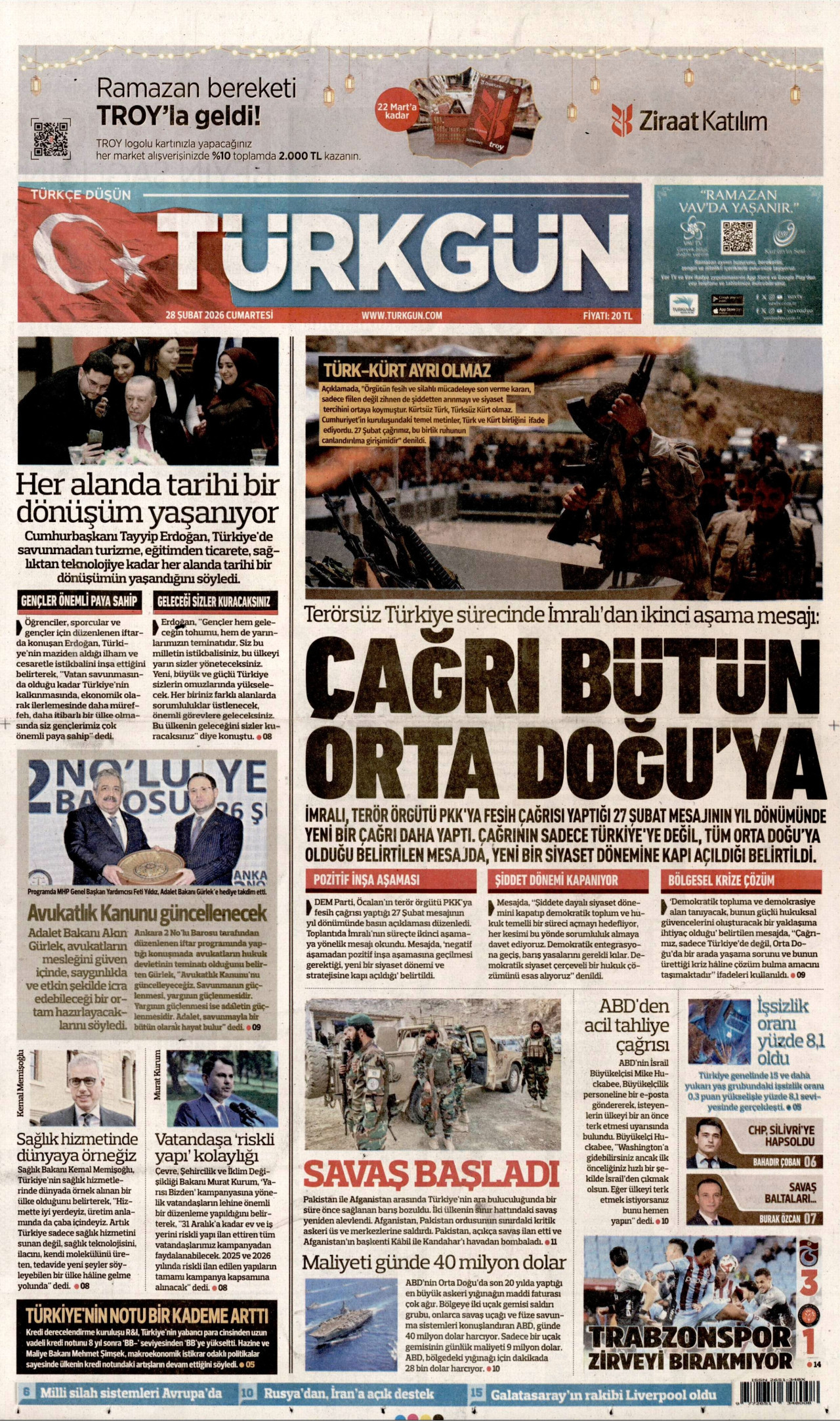 TÜRKGÜN gazetesinin 28 Şubat 2026 tarihli birinci sayfası