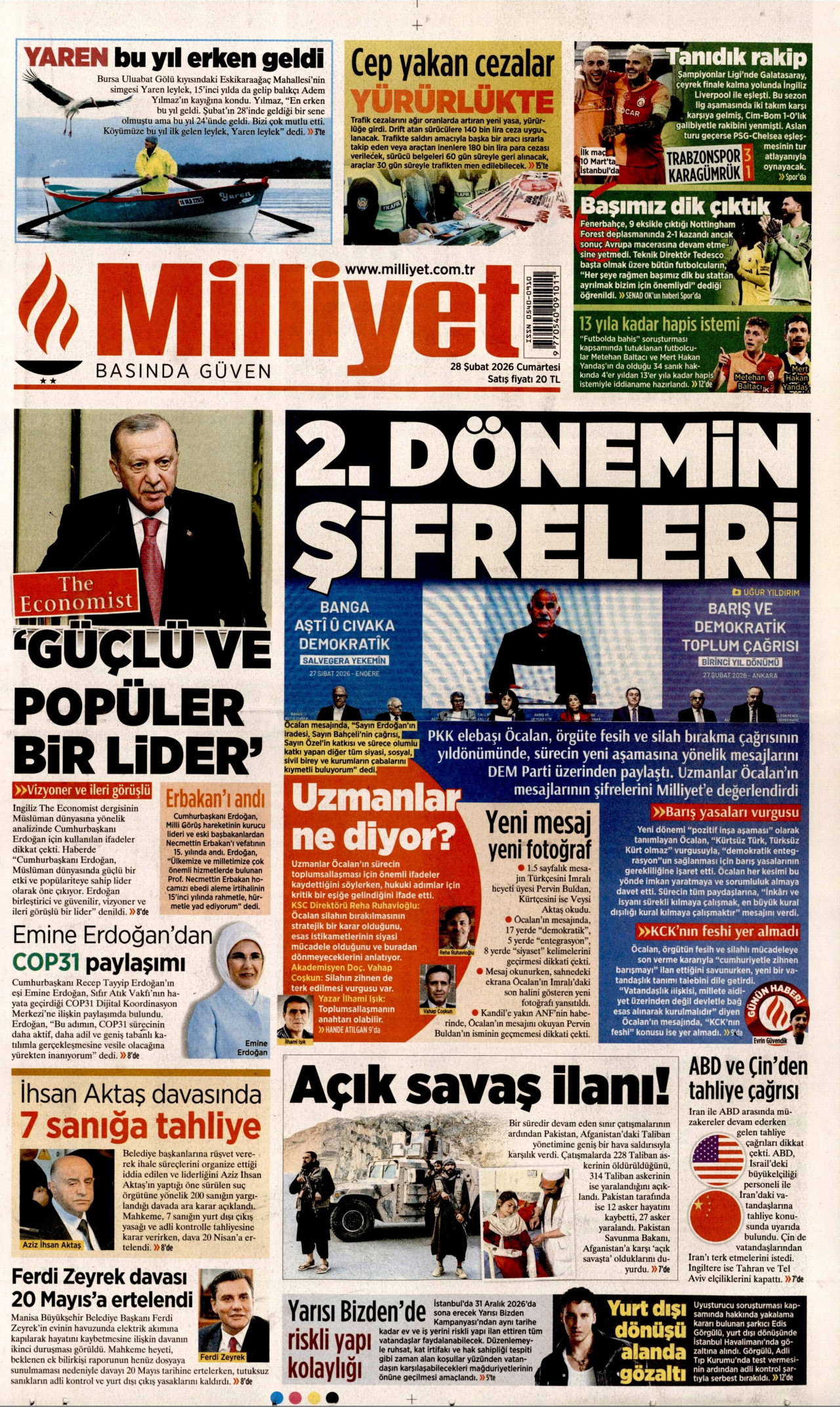 MİLLİYET gazetesinin 28 Şubat 2026 tarihli birinci sayfası
