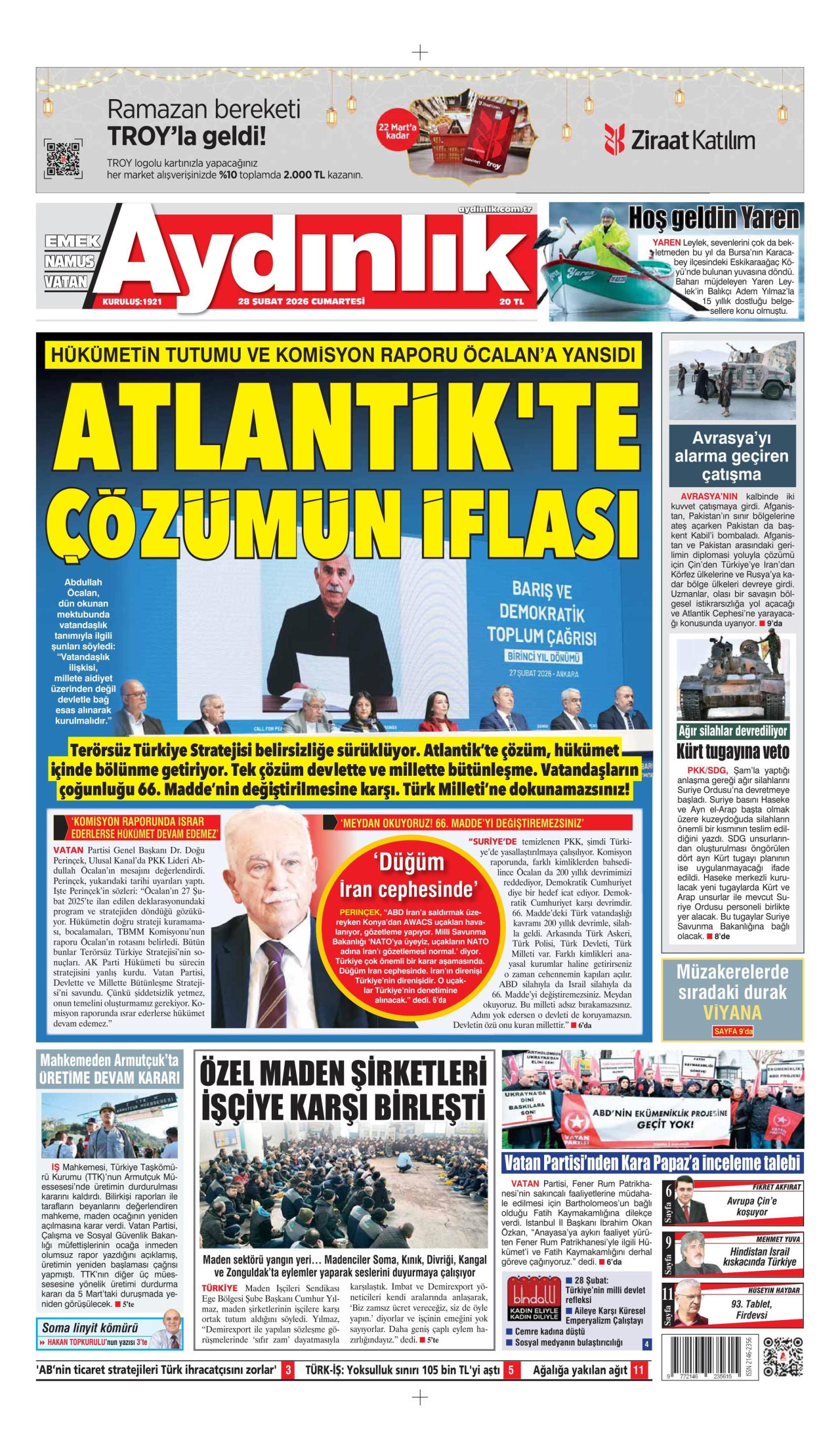 AYDINLIK GAZETESİ gazetesinin 28 Şubat 2026 tarihli birinci sayfası