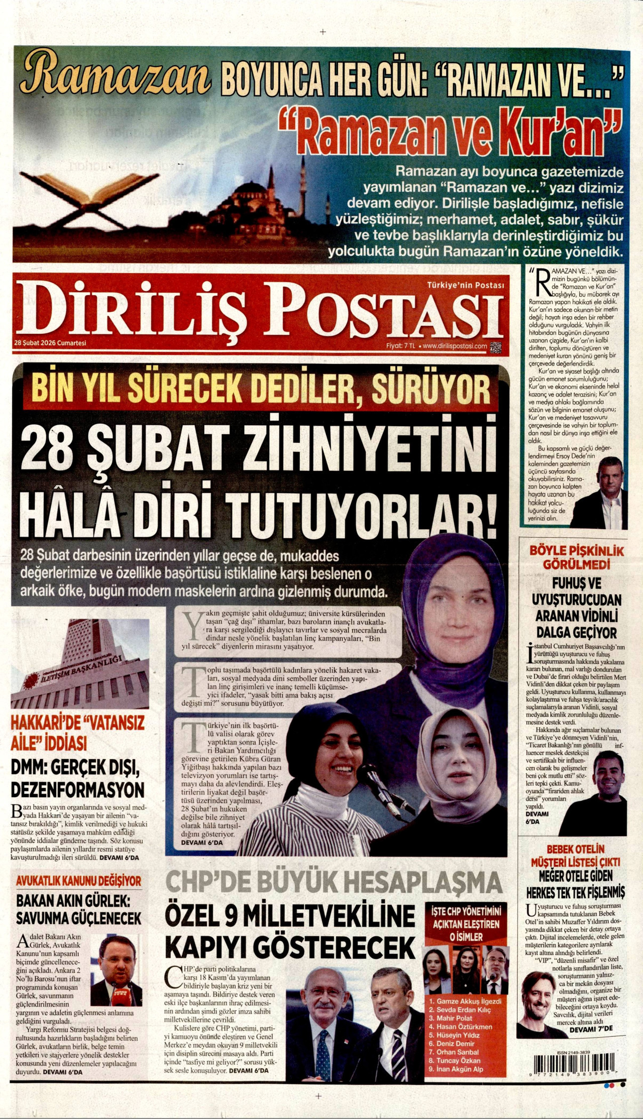 DİRİLİŞ POSTASI gazetesinin 28 Şubat 2026 tarihli birinci sayfası