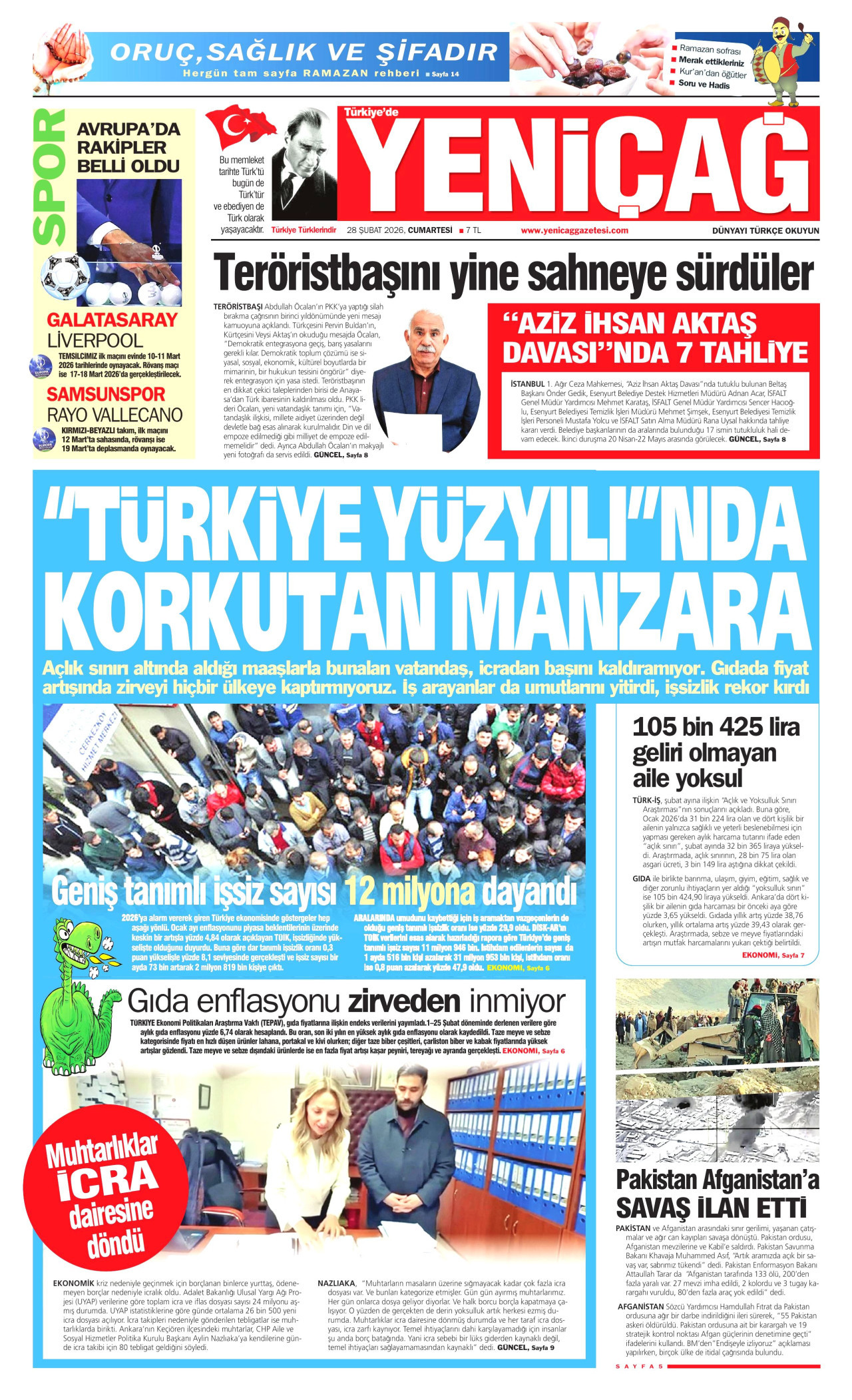 YENİÇAĞ gazetesinin 28 Şubat 2026 tarihli birinci sayfası