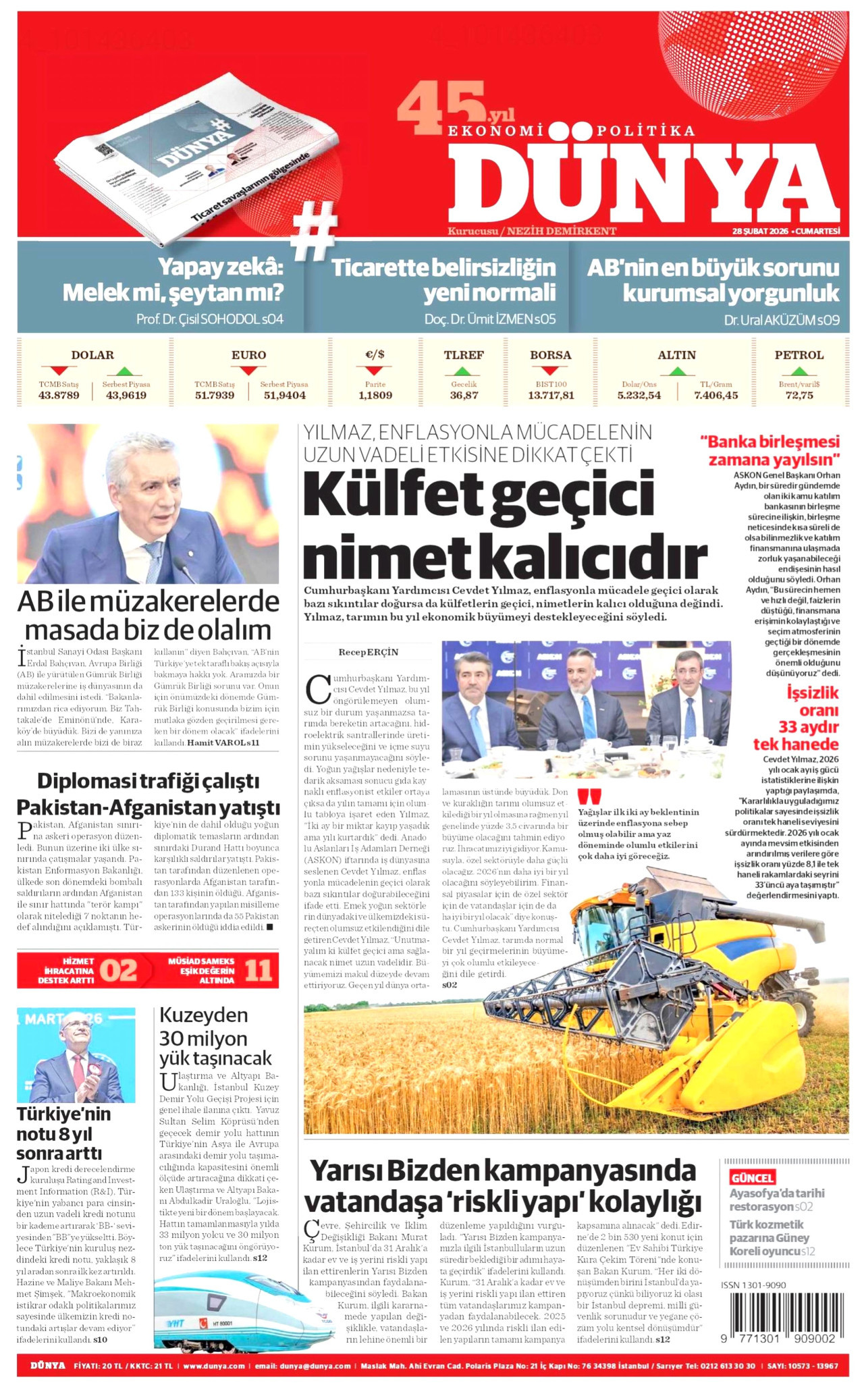 DÜNYA gazetesinin 28 Şubat 2026 tarihli birinci sayfası