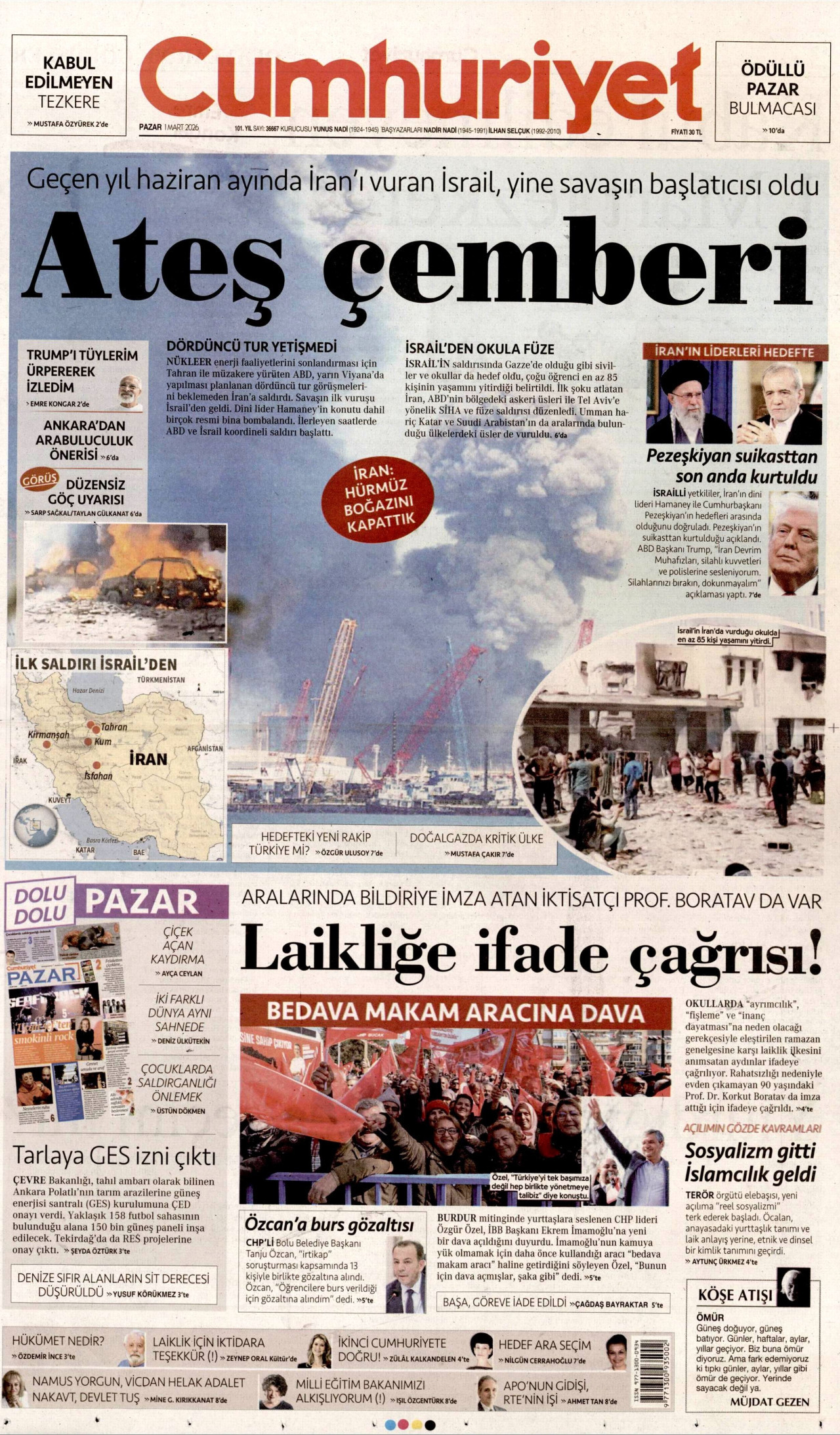 CUMHURİYET gazetesinin 1 Mart 2026 tarihli birinci sayfası