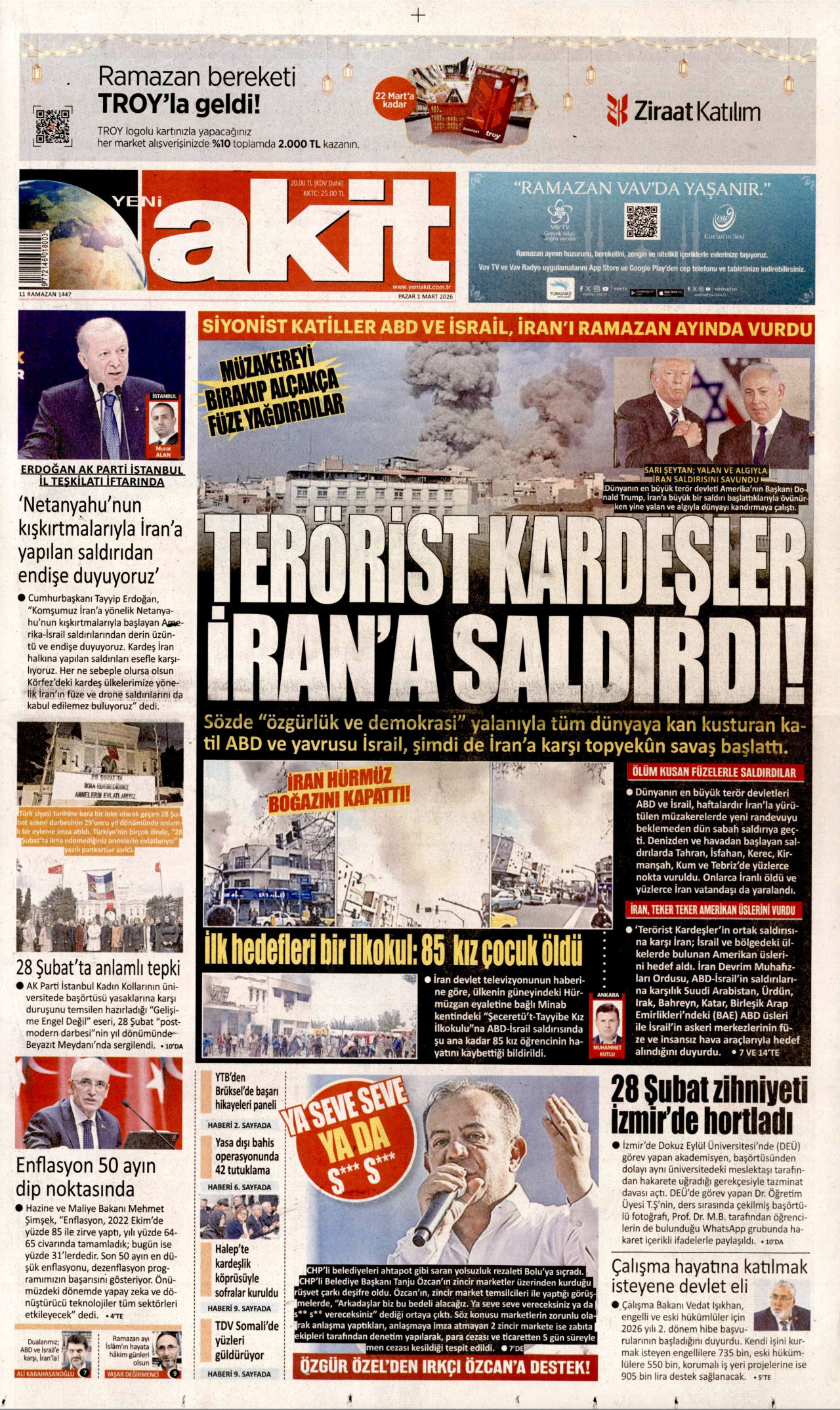 YENİ AKİT gazetesinin 1 Mart 2026 tarihli birinci sayfası