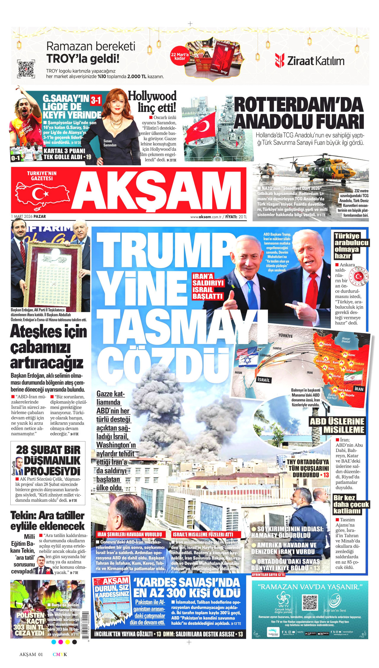 AKŞAM gazetesinin 1 Mart 2026 tarihli birinci sayfası