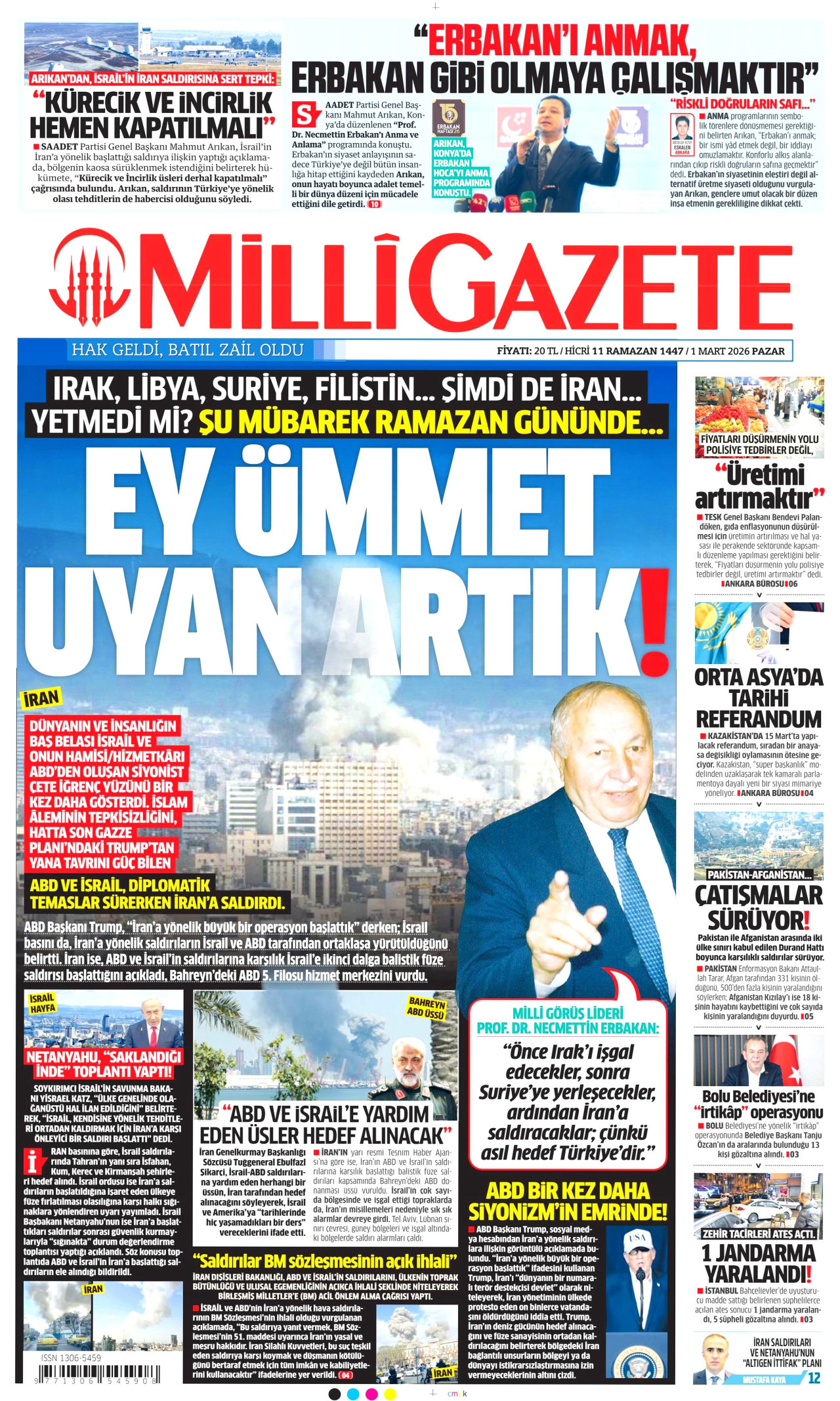 MİLLİ GAZETE gazetesinin 1 Mart 2026 tarihli birinci sayfası