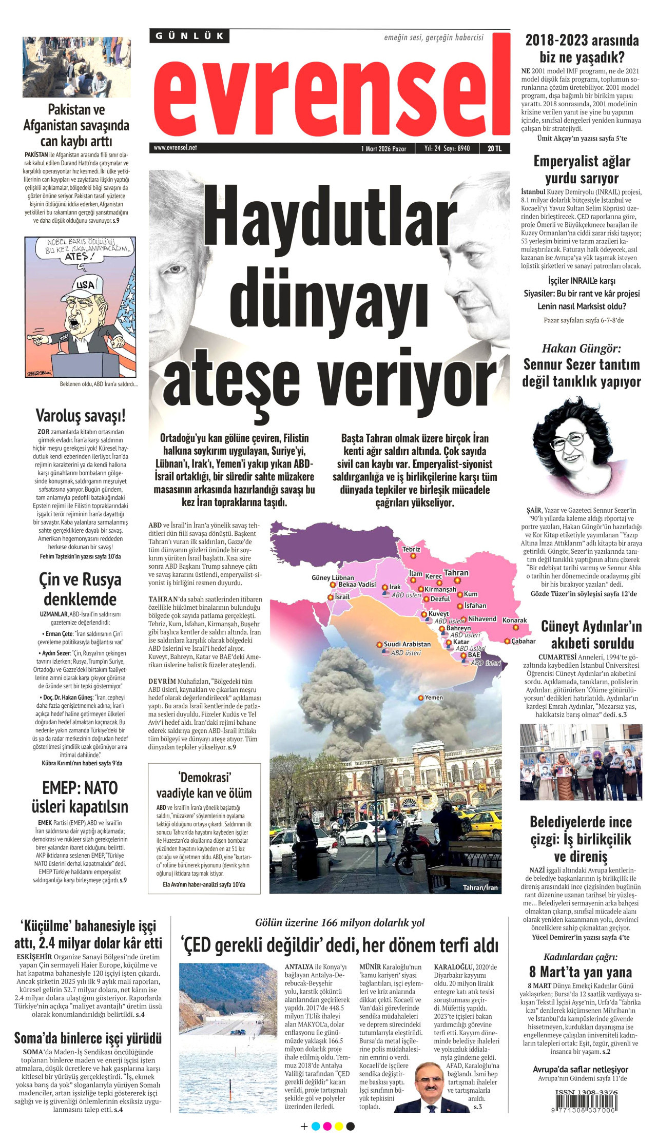 EVRENSEL gazetesinin 1 Mart 2026 tarihli birinci sayfası