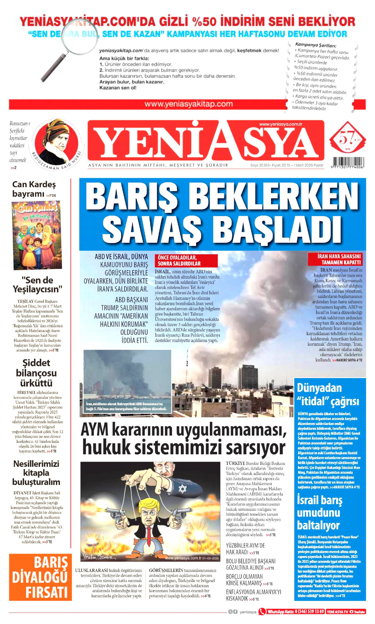 YENİ ASYA gazetesinin 1 Mart 2026 tarihli birinci sayfası