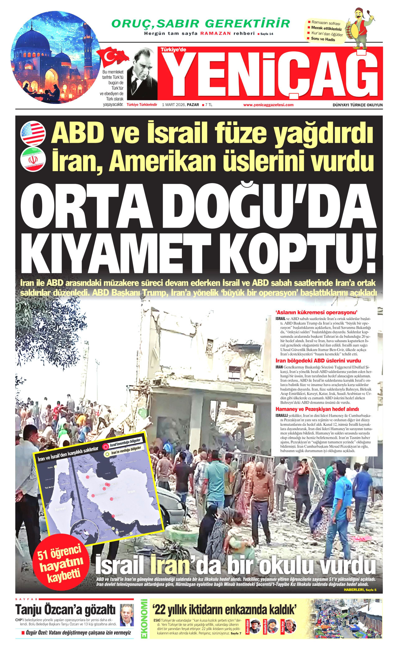 YENİÇAĞ gazetesinin 1 Mart 2026 tarihli birinci sayfası