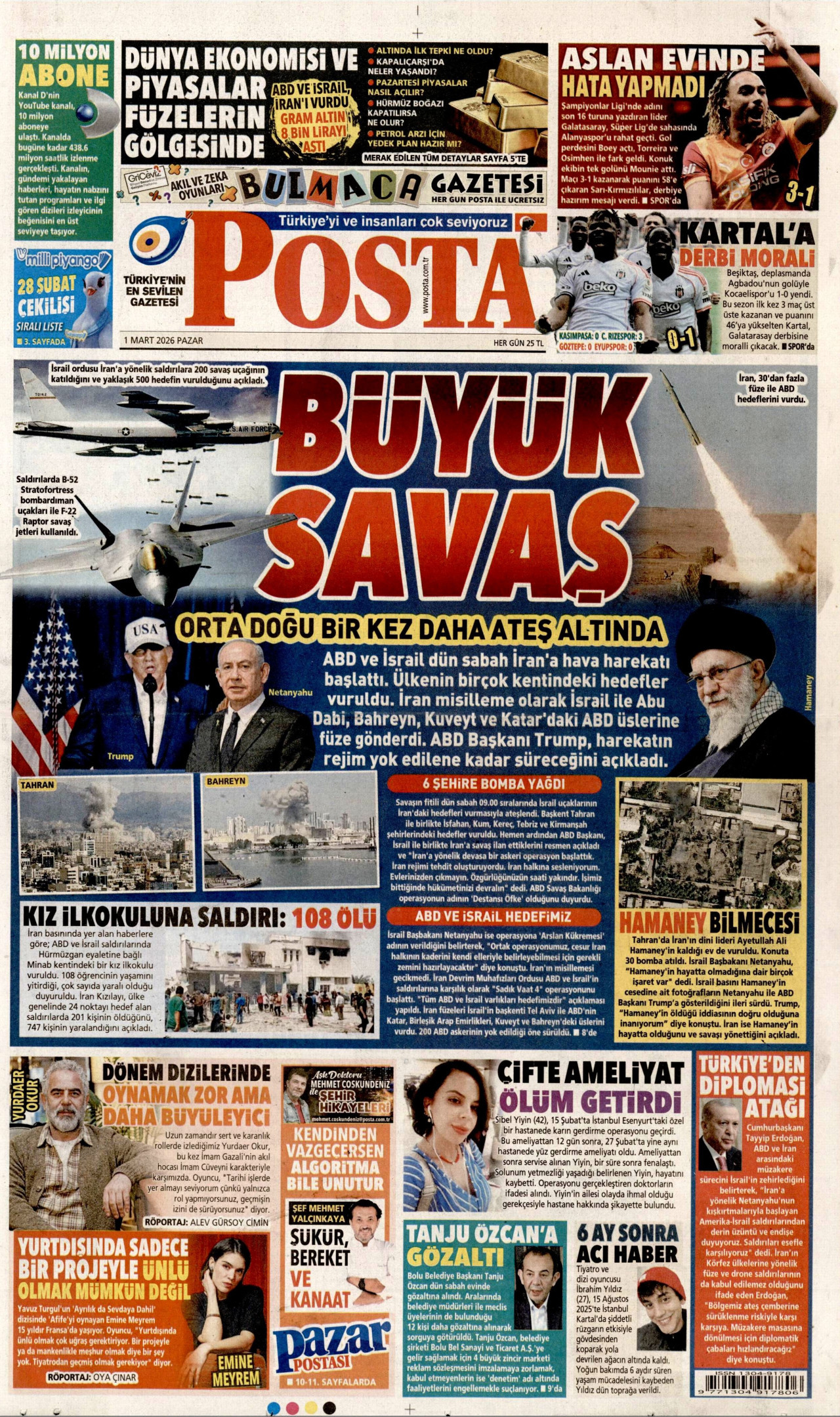 POSTA gazetesinin 1 Mart 2026 tarihli birinci sayfası