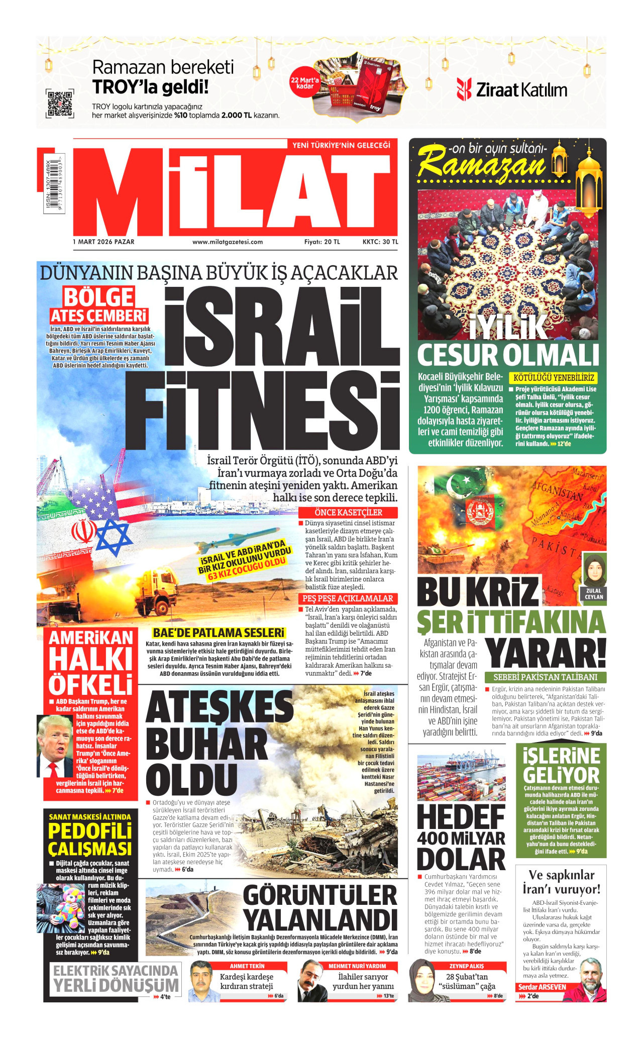 MİLAT gazetesinin 1 Mart 2026 tarihli birinci sayfası