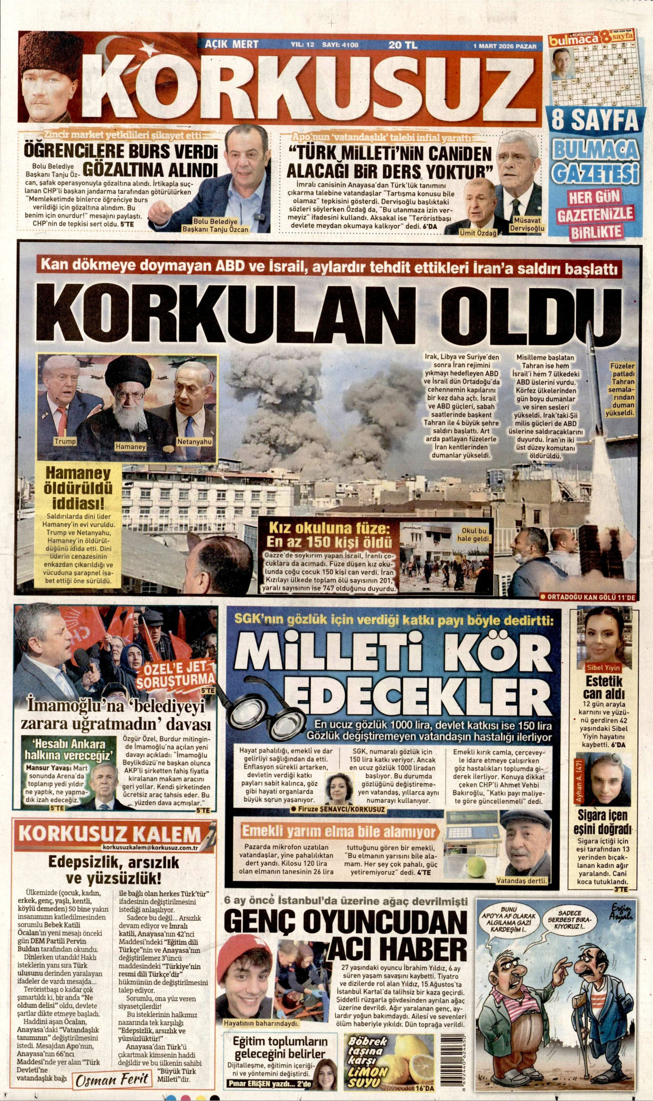 KORKUSUZ gazetesinin 1 Mart 2026 tarihli birinci sayfası