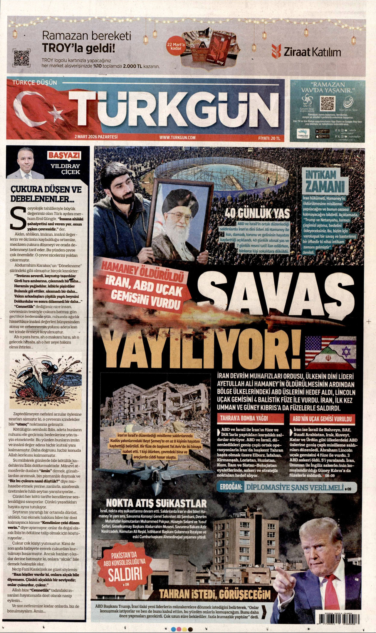 TÜRKGÜN gazetesinin 2 Mart 2026 tarihli birinci sayfası