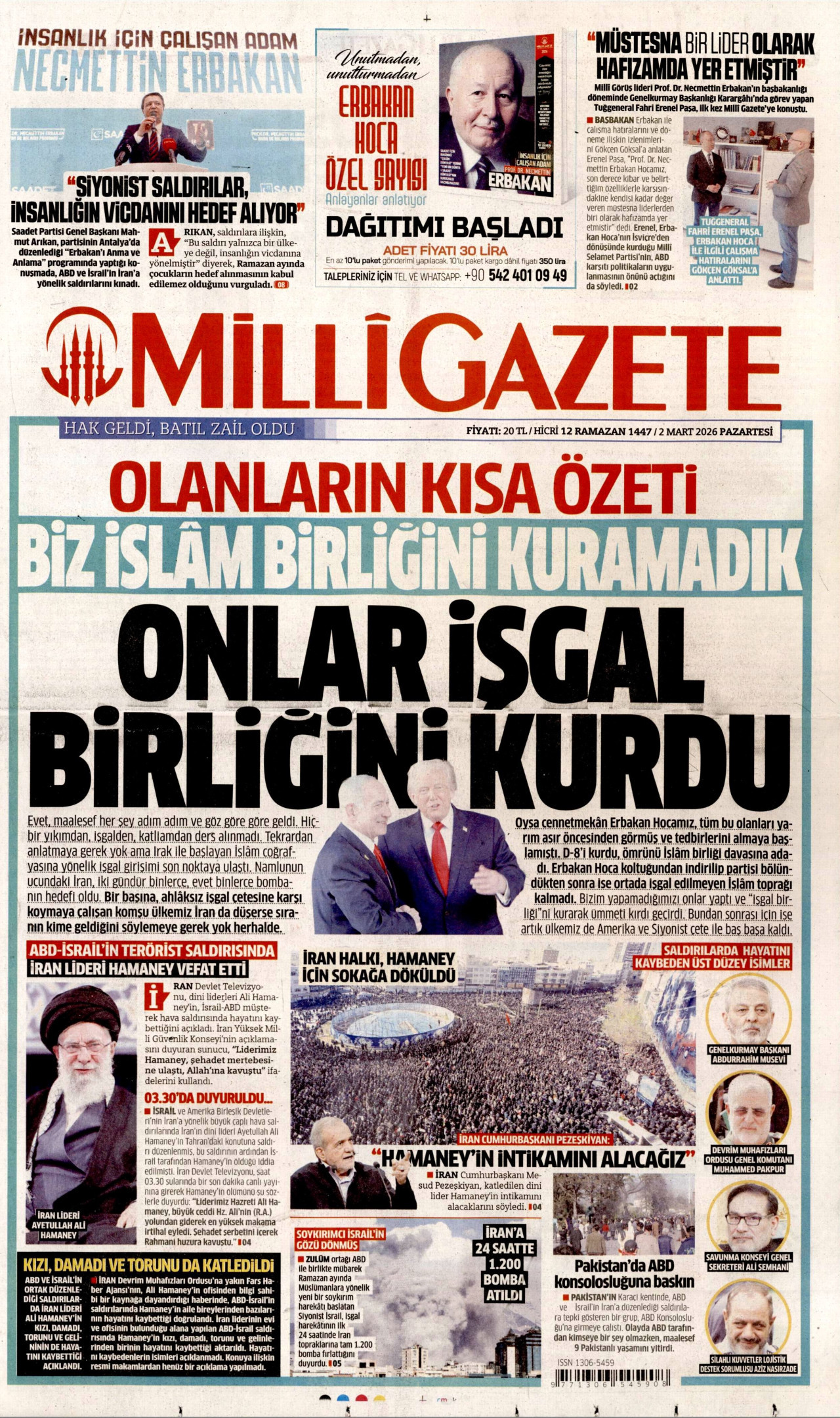 MİLLİ GAZETE gazetesinin 2 Mart 2026 tarihli birinci sayfası