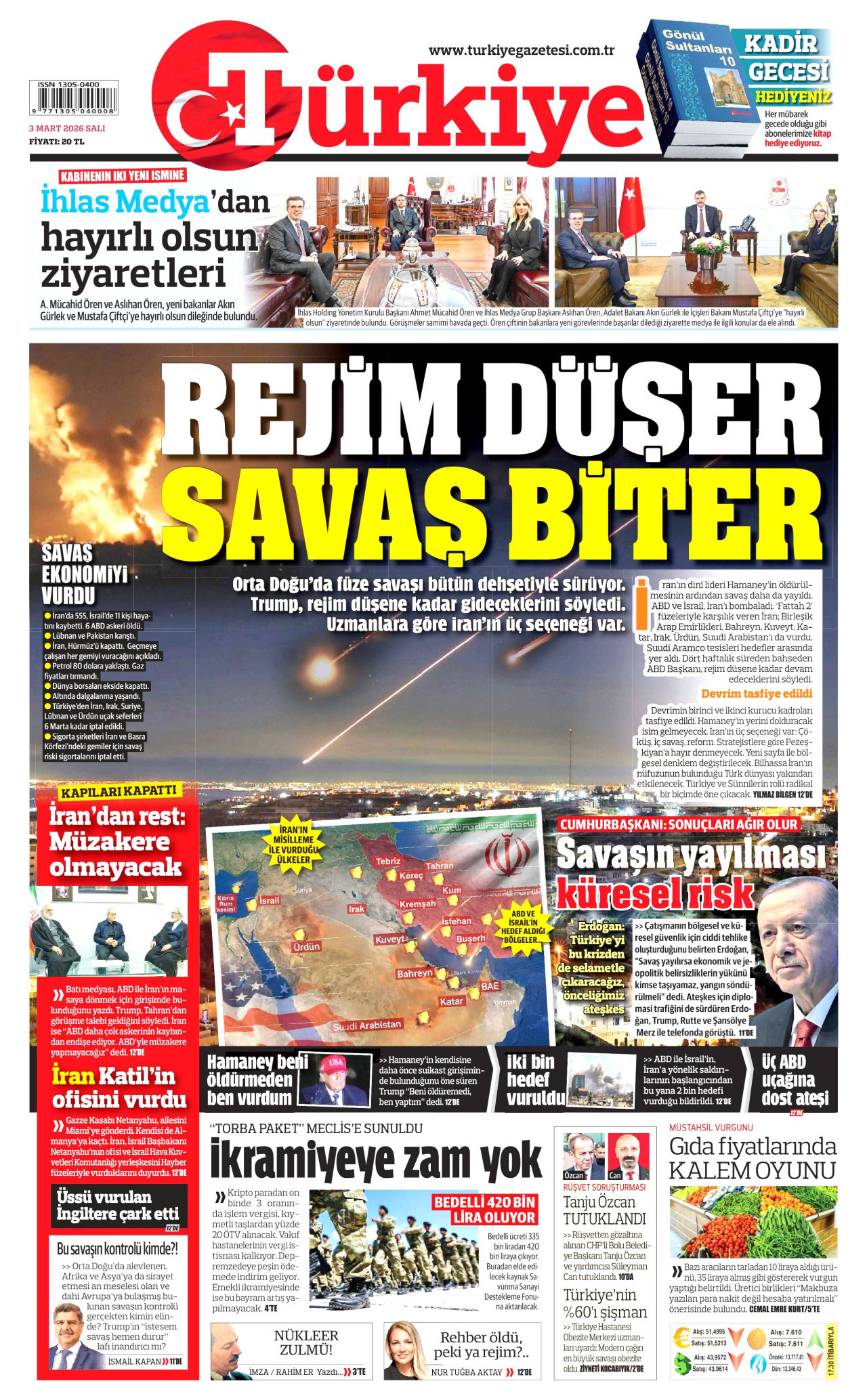 TÜRKİYE GAZETESİ gazetesinin 3 Mart 2026 tarihli birinci sayfası