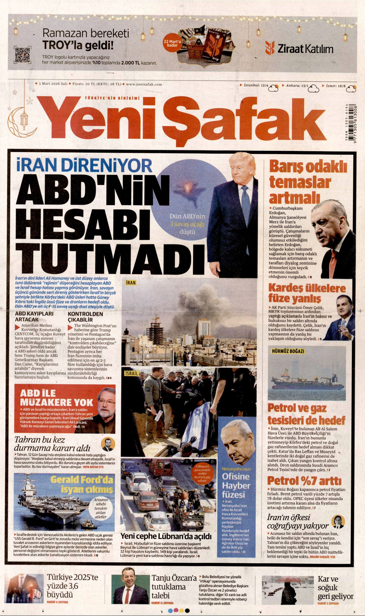 YENİ ŞAFAK gazetesinin 3 Mart 2026 tarihli birinci sayfası