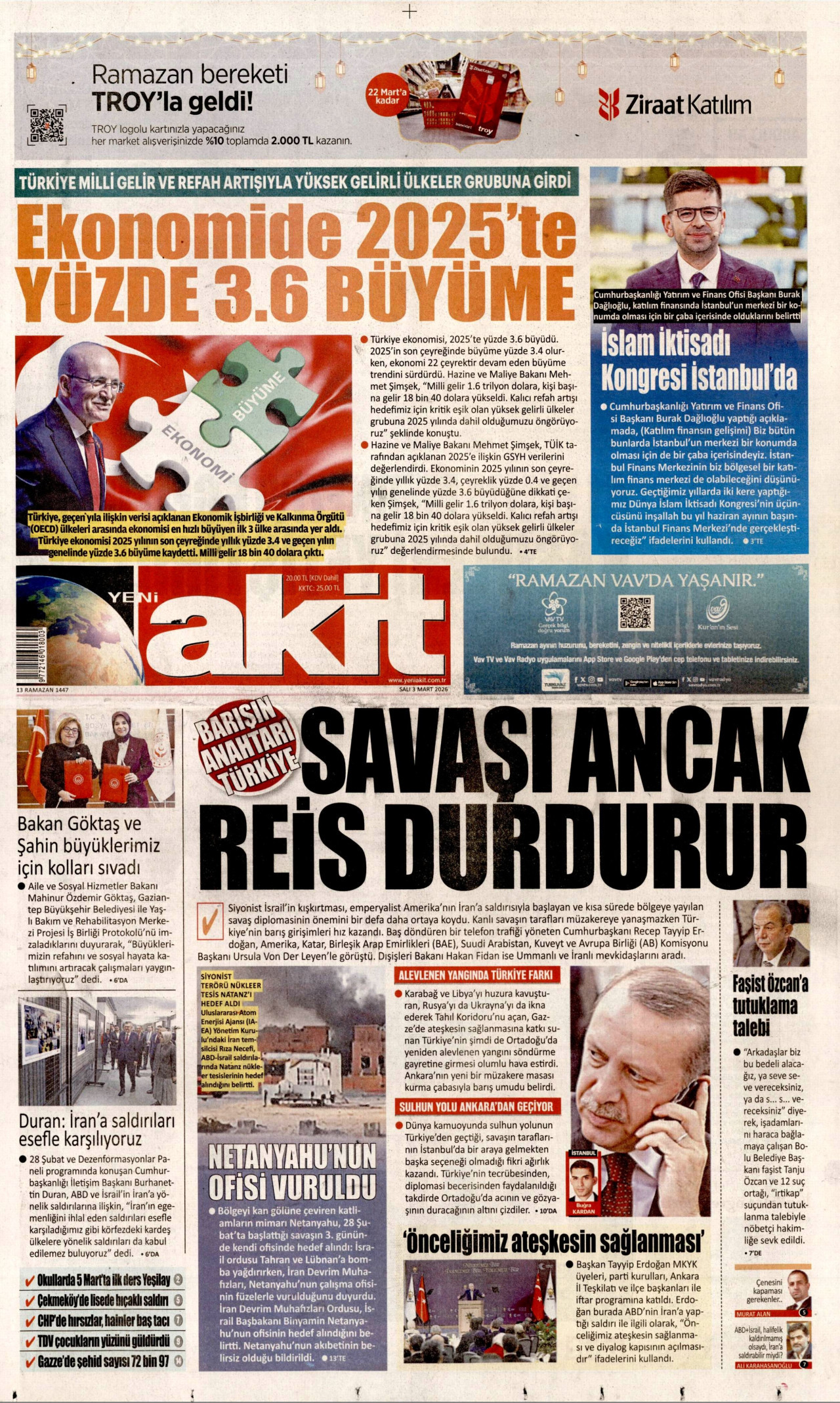 YENİ AKİT gazetesinin 3 Mart 2026 tarihli birinci sayfası
