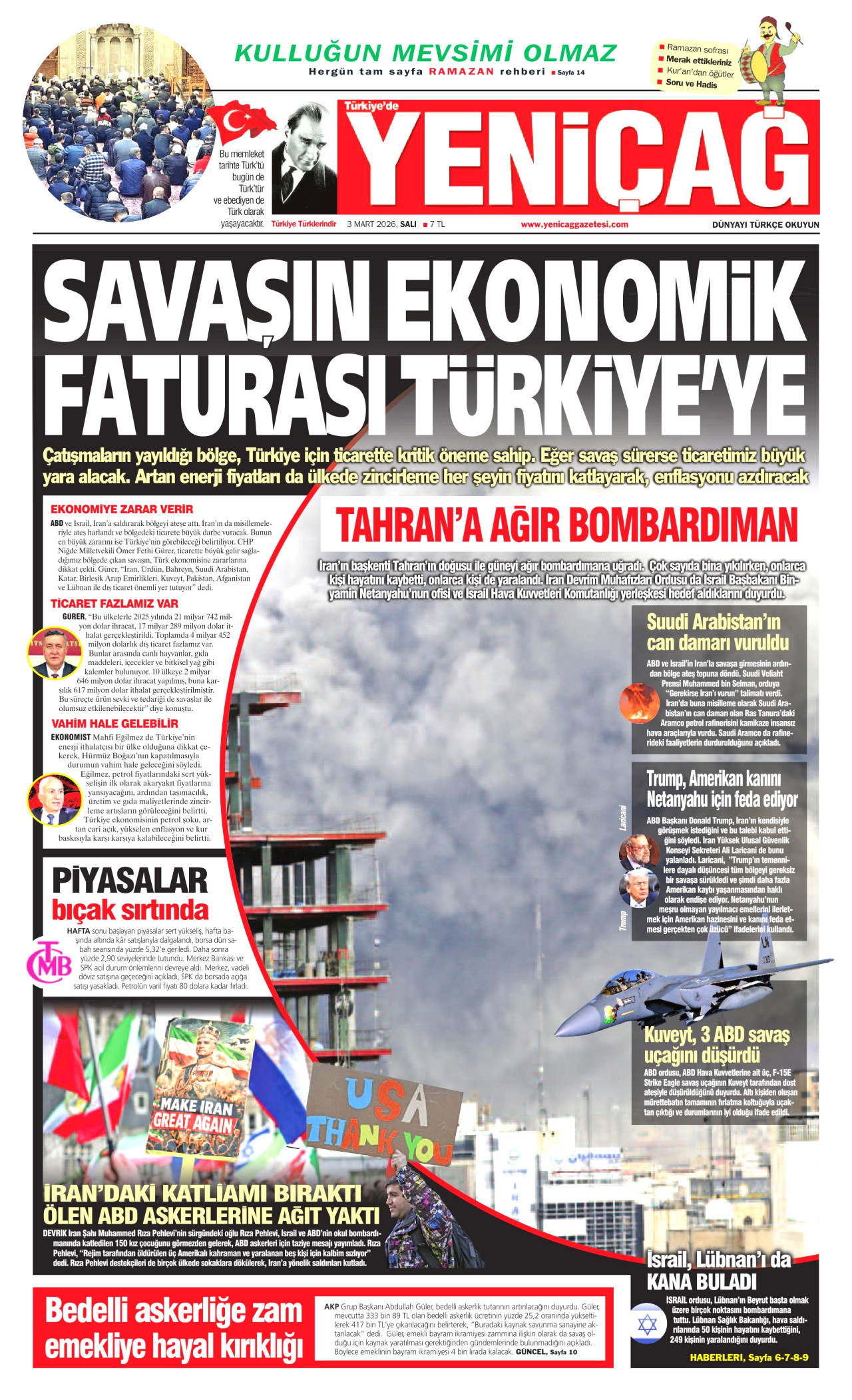 YENİÇAĞ gazetesinin 3 Mart 2026 tarihli birinci sayfası