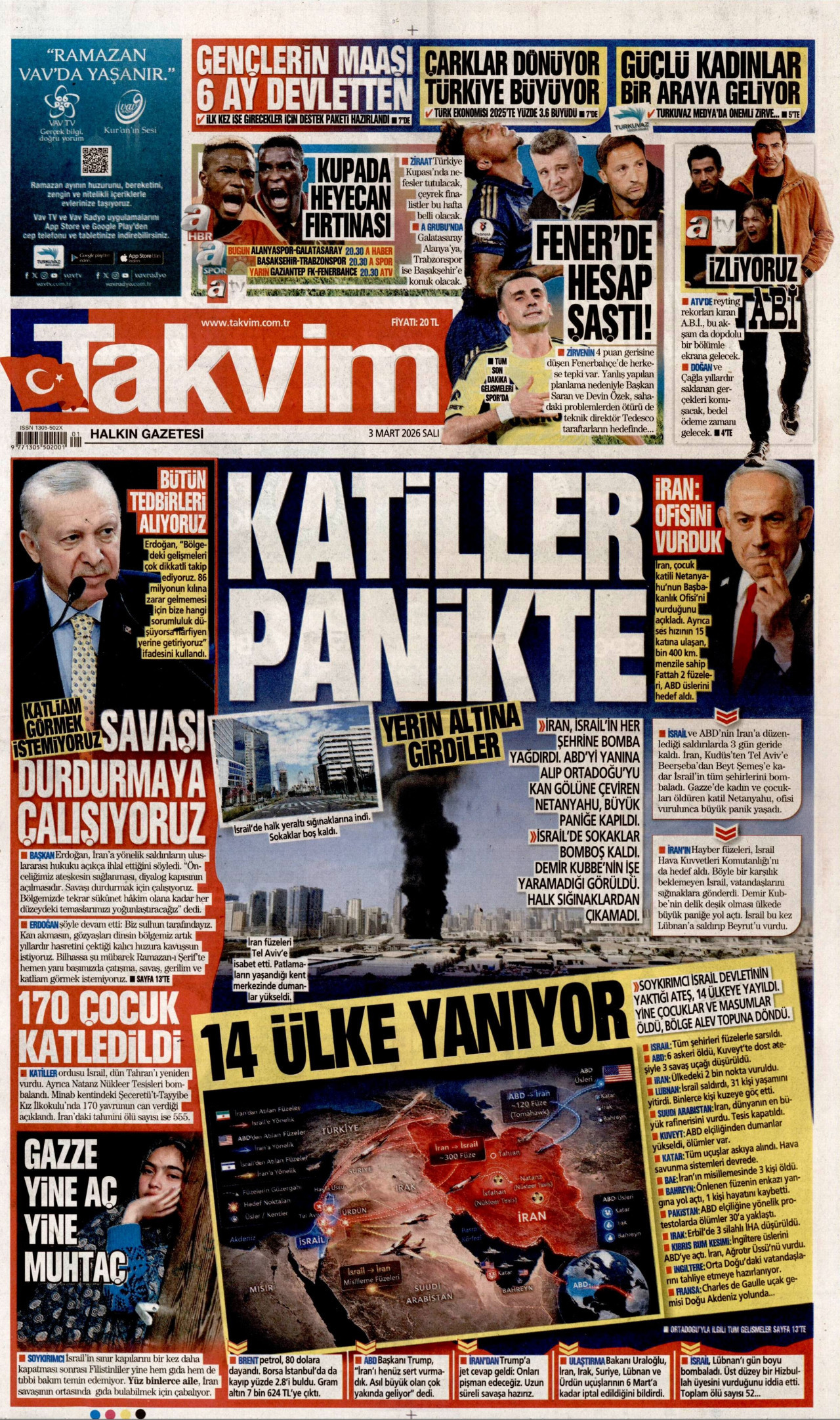 TAKVİM gazetesinin 3 Mart 2026 tarihli birinci sayfası