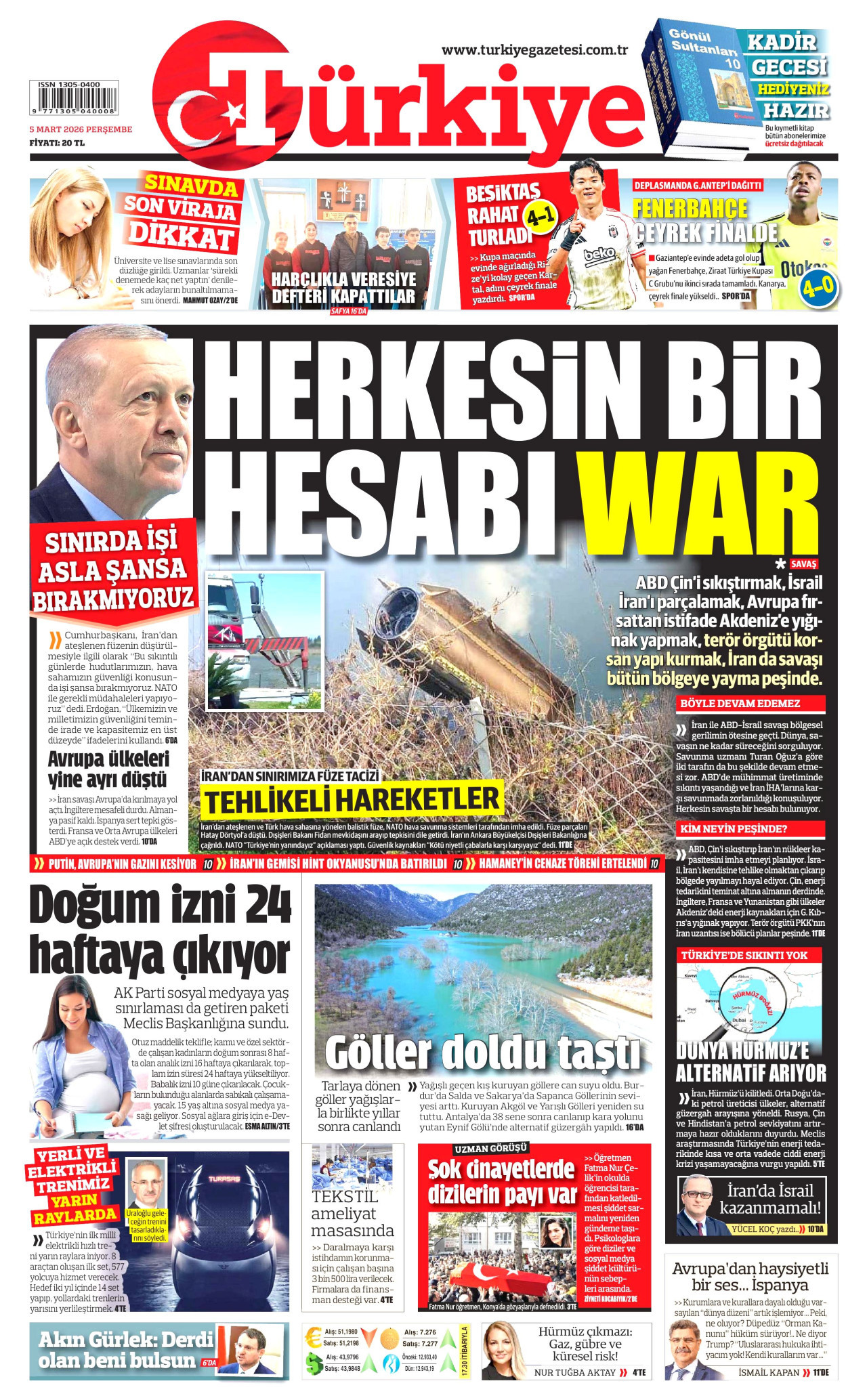 TÜRKİYE GAZETESİ gazetesinin 5 Mart 2026 tarihli birinci sayfası