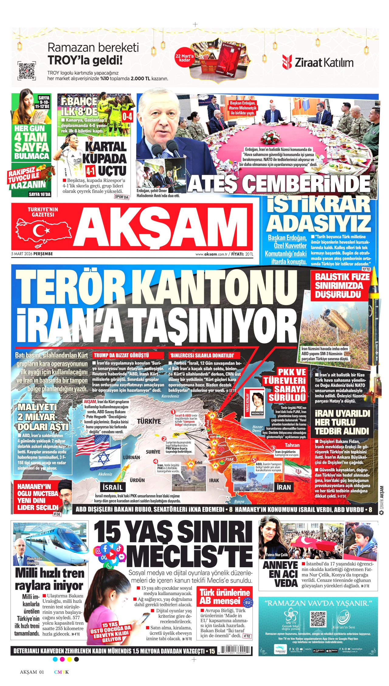 AKŞAM gazetesinin 5 Mart 2026 tarihli birinci sayfası