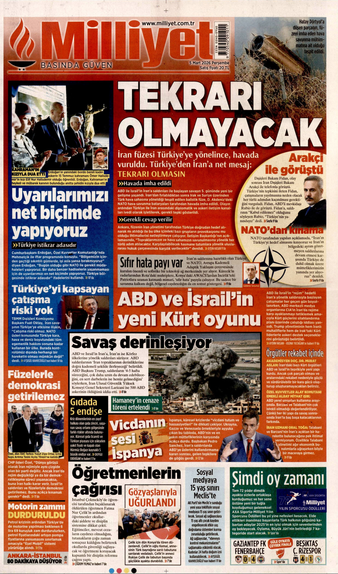 MİLLİYET gazetesinin 5 Mart 2026 tarihli birinci sayfası