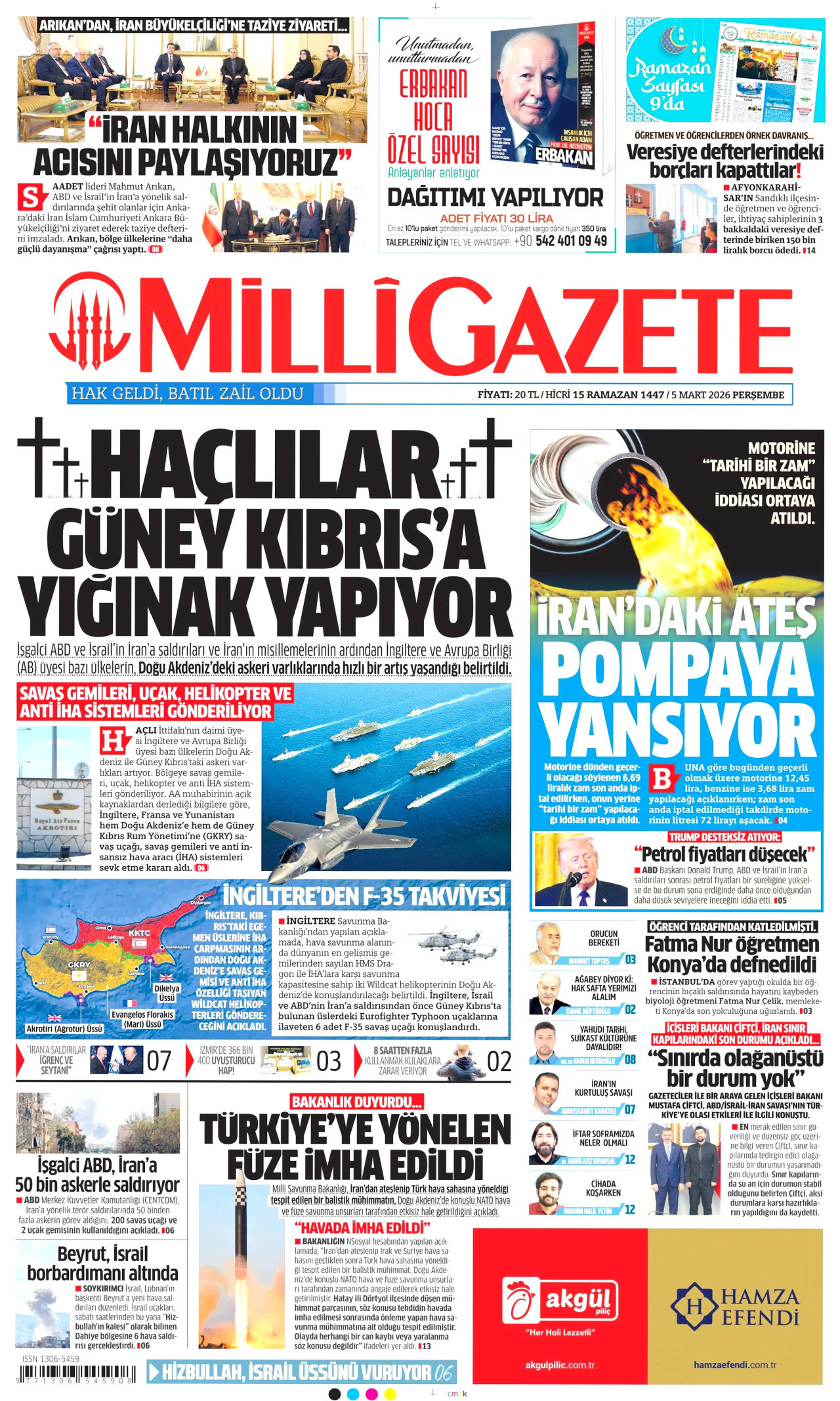 MİLLİ GAZETE gazetesinin 5 Mart 2026 tarihli birinci sayfası
