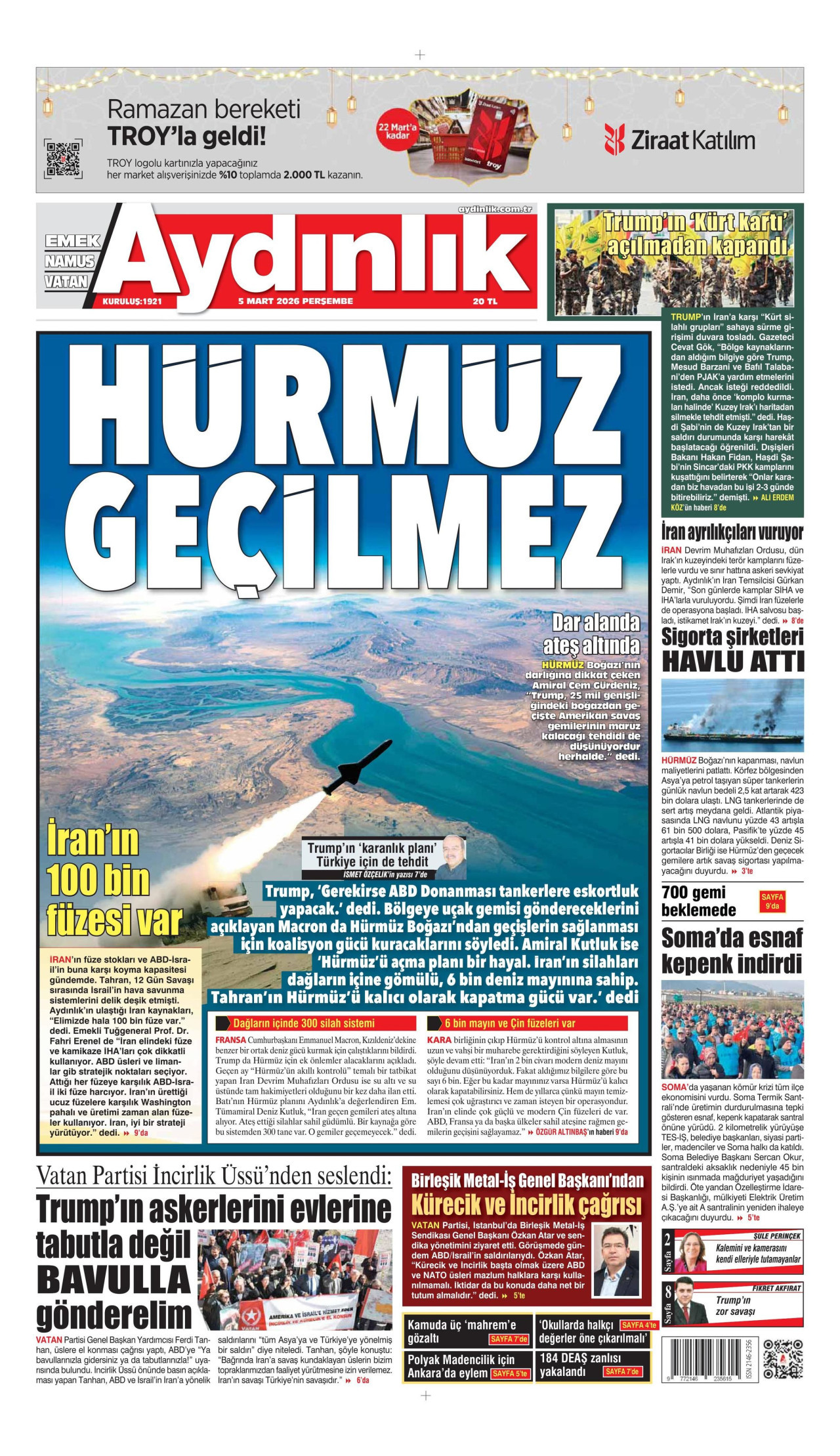 AYDINLIK GAZETESİ gazetesinin 5 Mart 2026 tarihli birinci sayfası