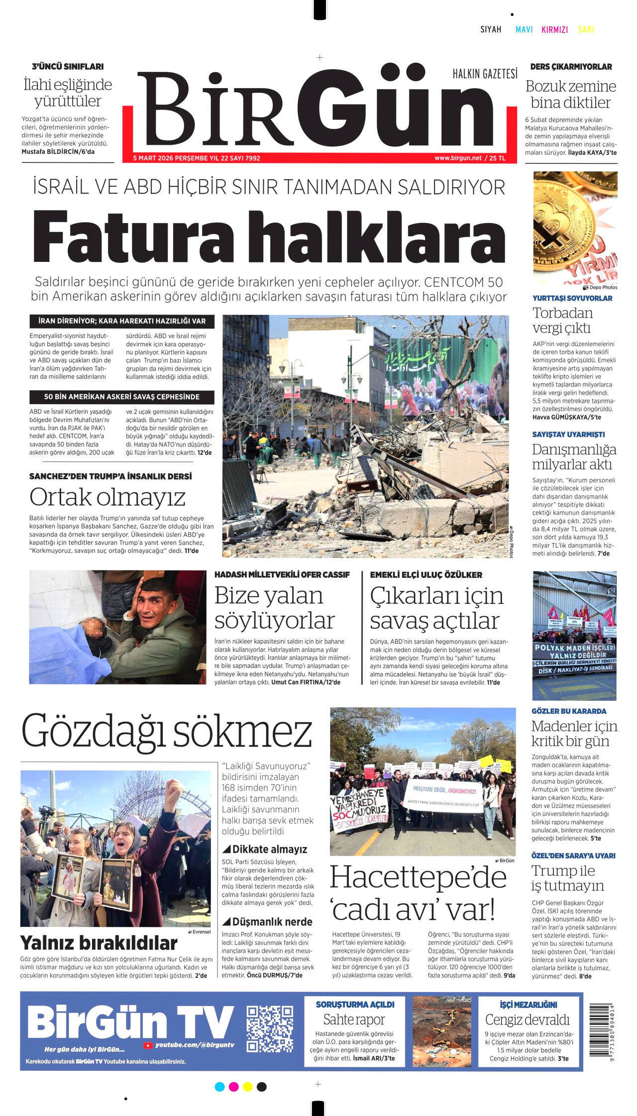 BİRGÜN gazetesinin 5 Mart 2026 tarihli birinci sayfası