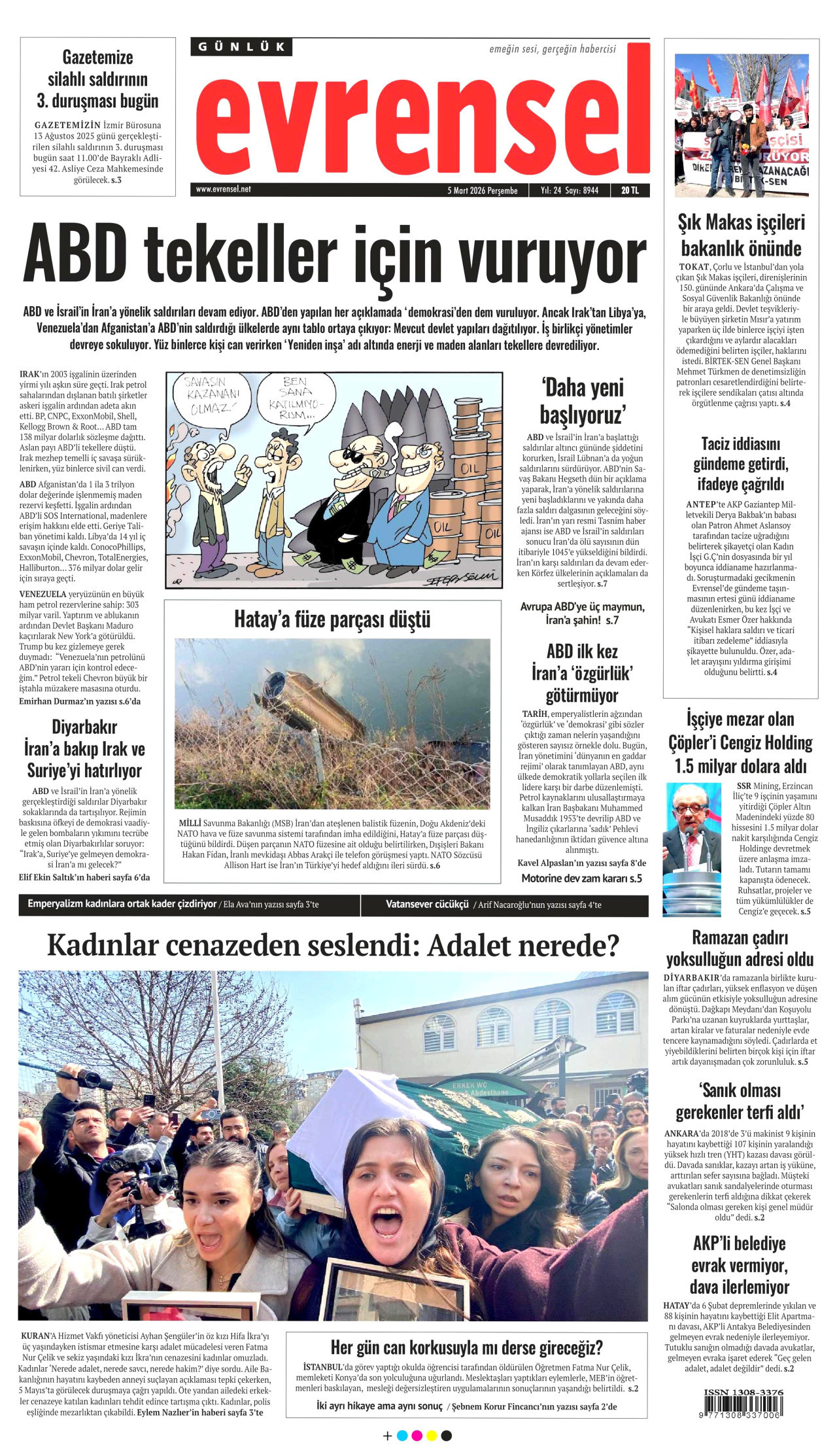 EVRENSEL gazetesinin 5 Mart 2026 tarihli birinci sayfası