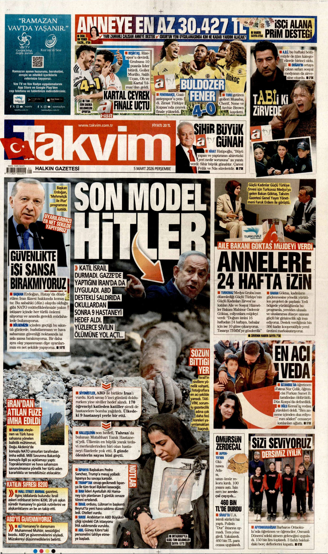 TAKVİM gazetesinin 5 Mart 2026 tarihli birinci sayfası